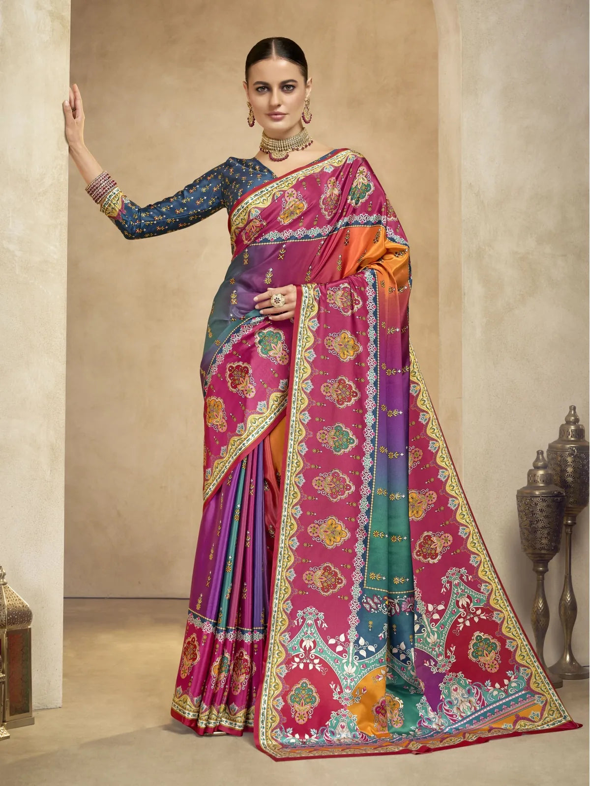 Tarani magenta crepe saree with foil print in full view showing traditional festive drape