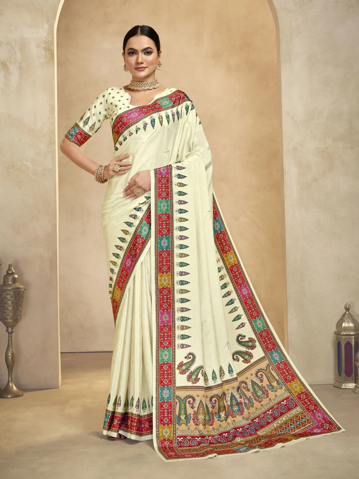 Tarani cream crepe saree full view with festive digital and foil print and rich border