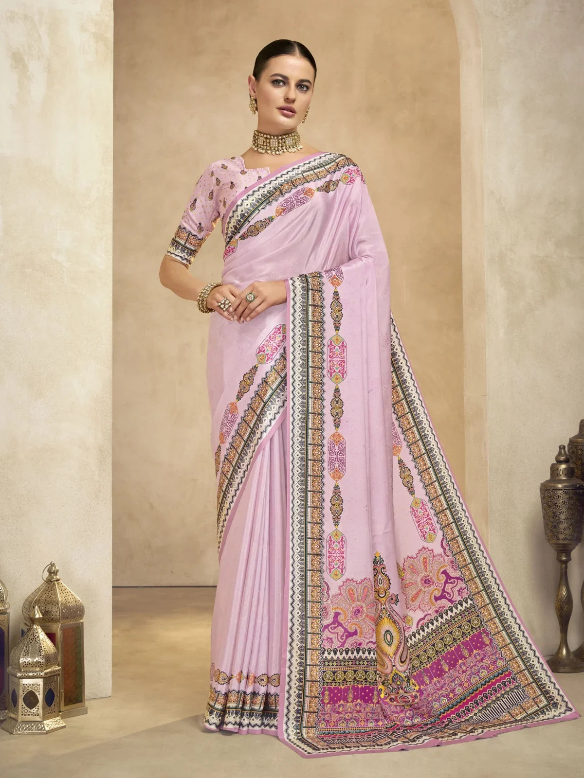 Tarani pink crepe festive saree with foil print and digital design in full view
