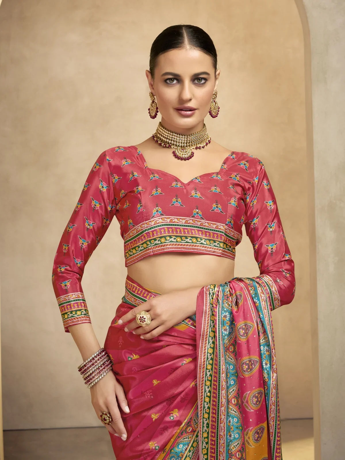 Tarani pink crepe saree upper-body-view showing digital print and foil work