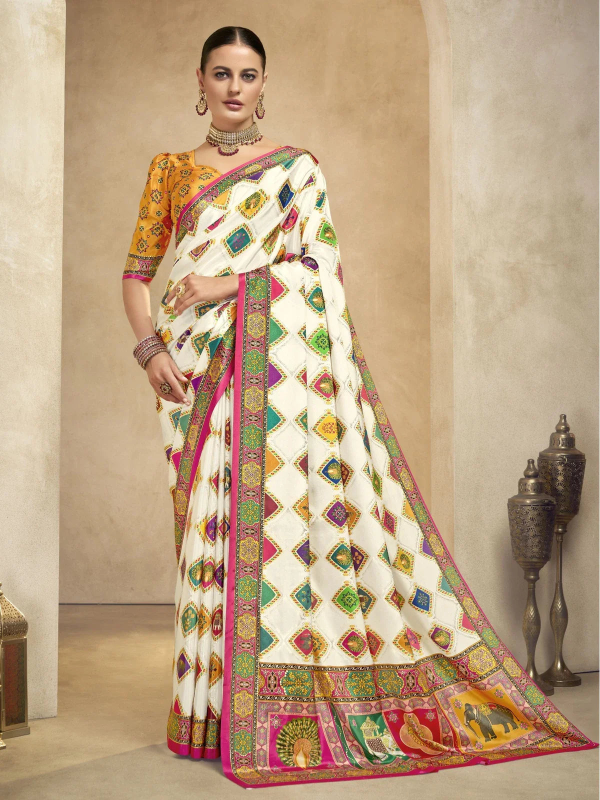 Tarani white crepe saree with multicolor foil print and ochre digital blouse front full view