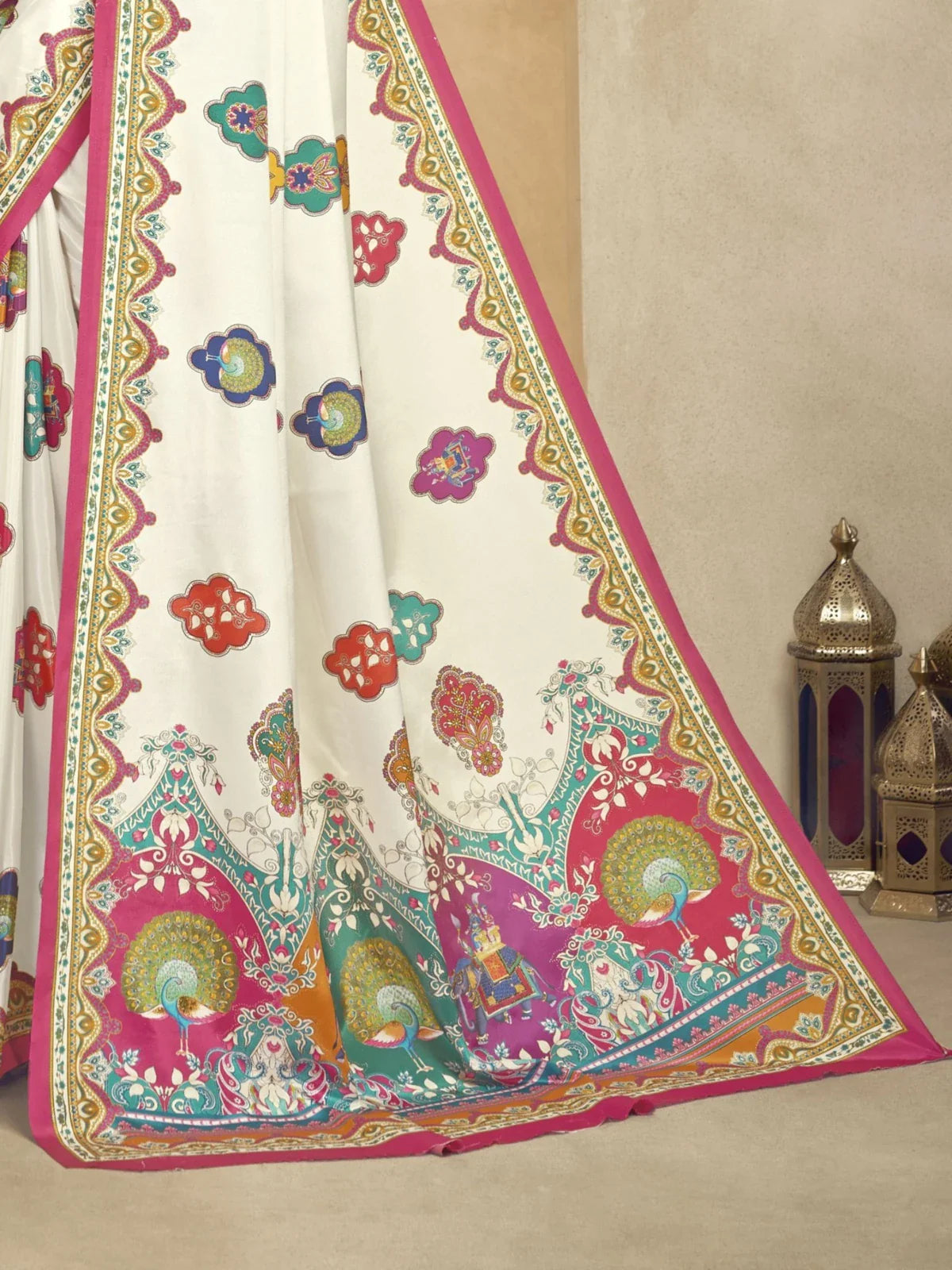 Tarani white crepe saree pallu with multicolor peacock and traditional artwork