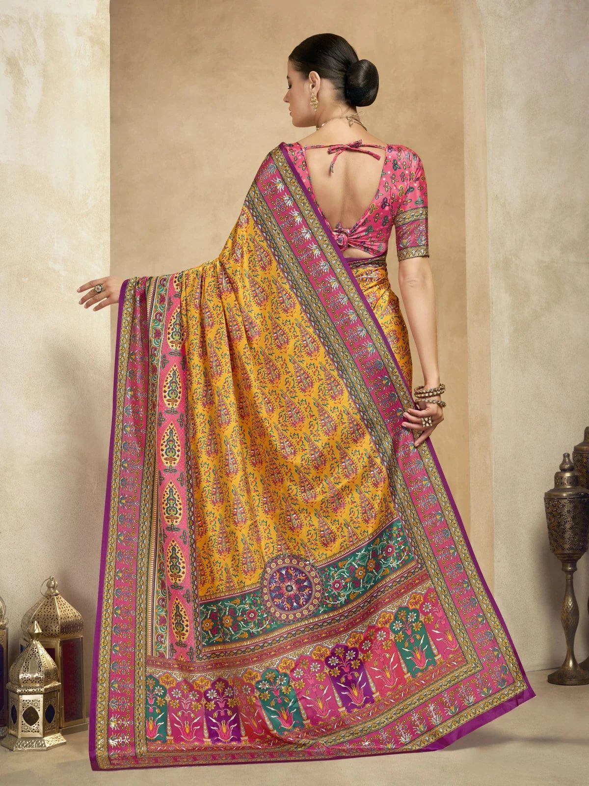 Tarani yellow festive crepe saree with pink digital blouse back view