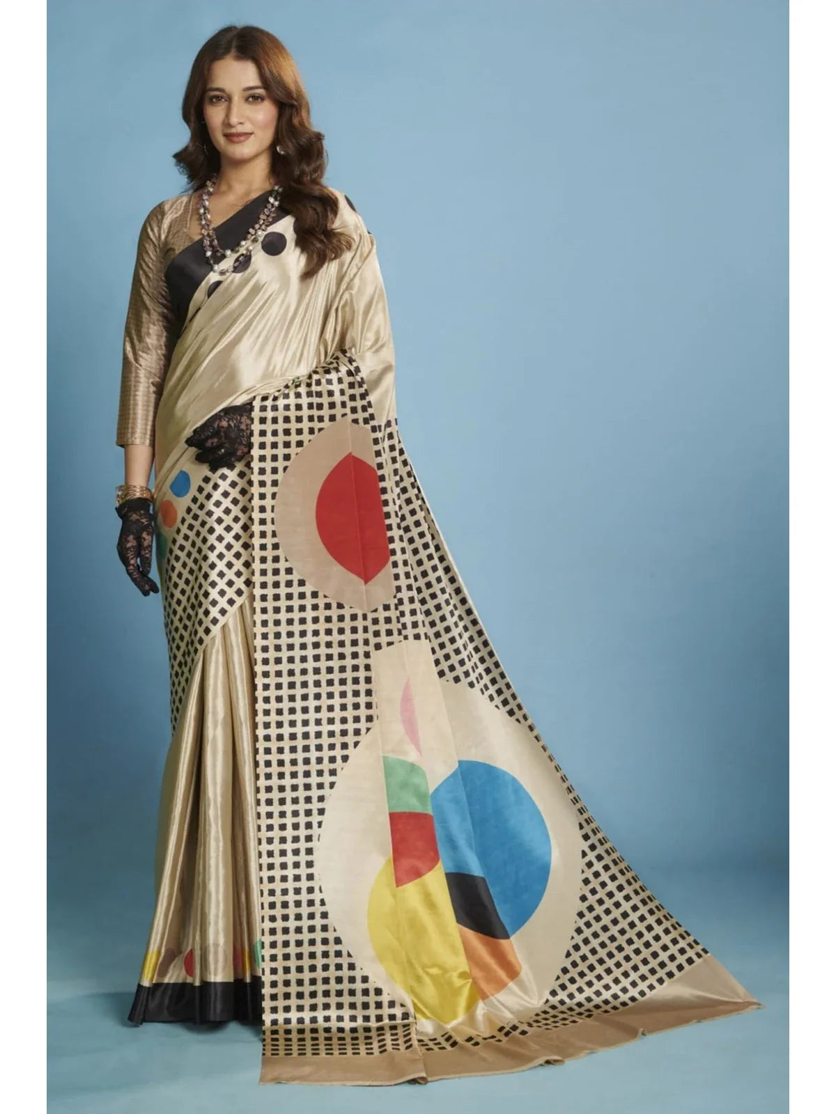 Tarani crepe silk beige saree with multicolor geometric pallu full front view