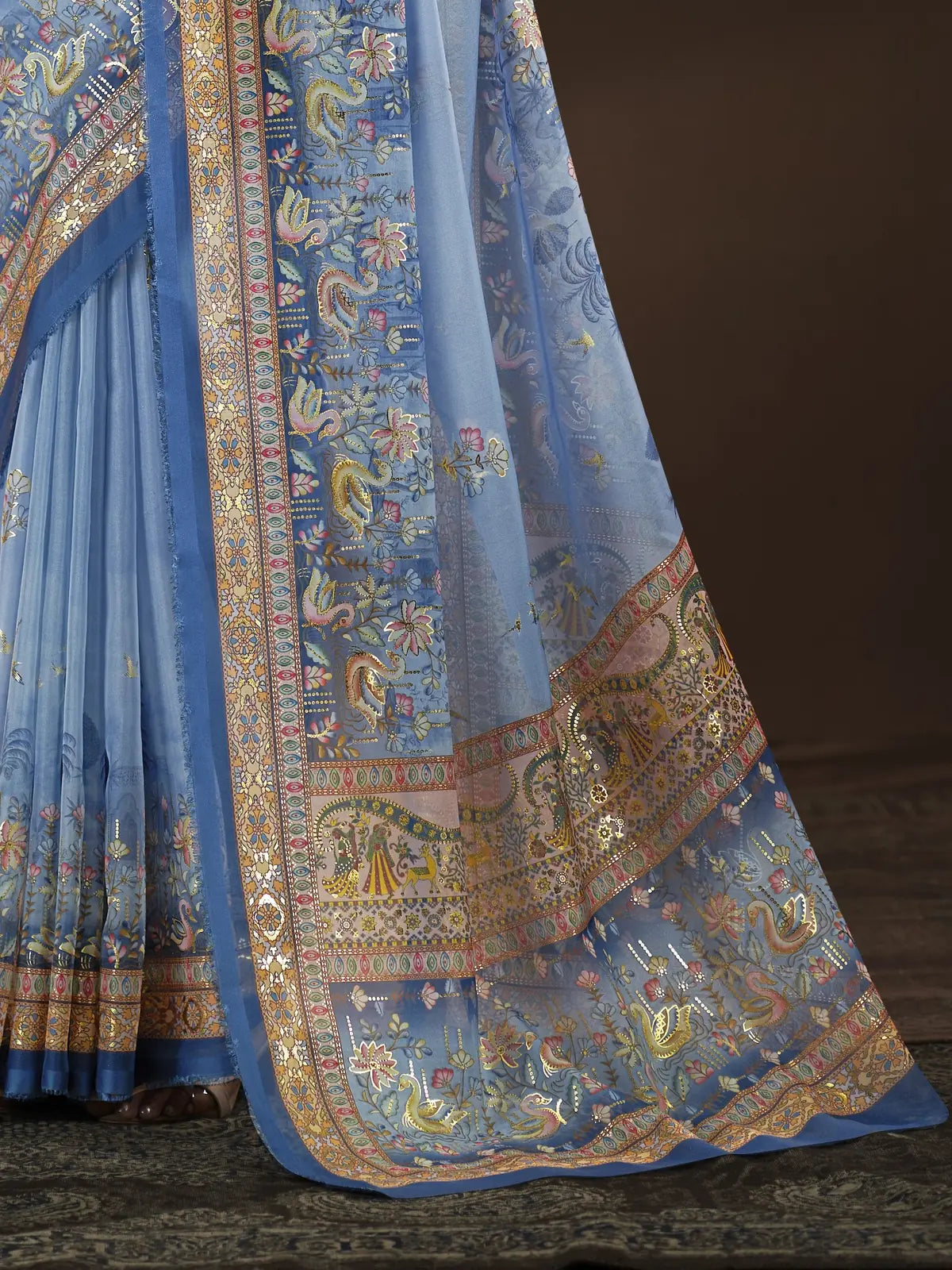 Tarani digital foil print close-up on soft crepe silk saree in blue for party and uniform wear