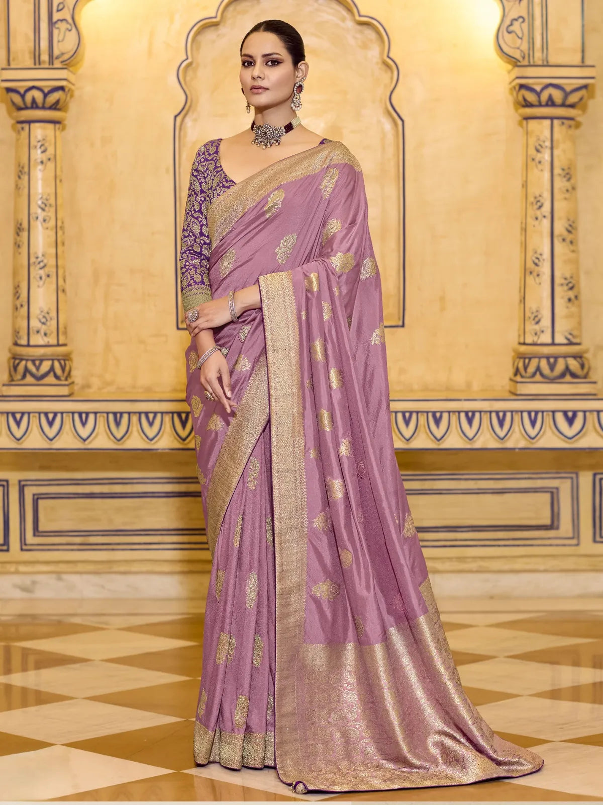 Tarani lavender crepe silk saree with golden zari and elegant full view drape