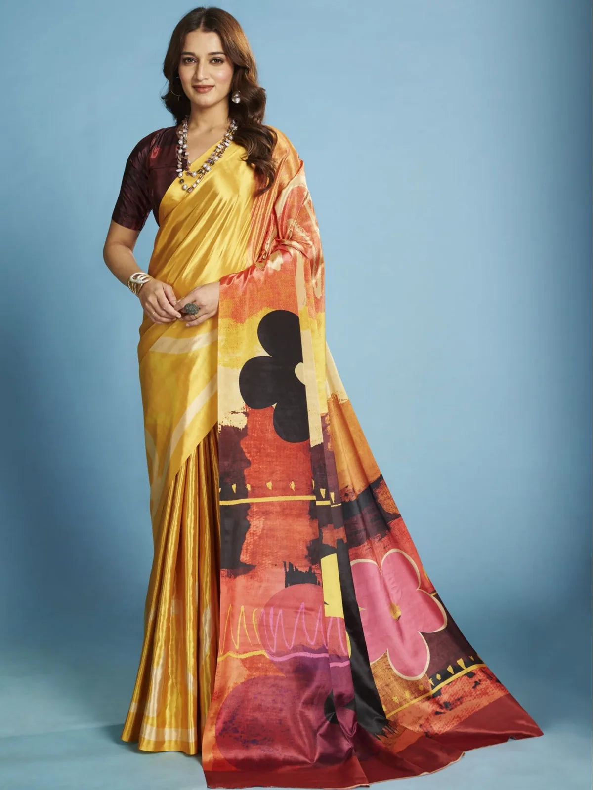 Tarani mustard crepe silk saree party wear full-view Suramikavati