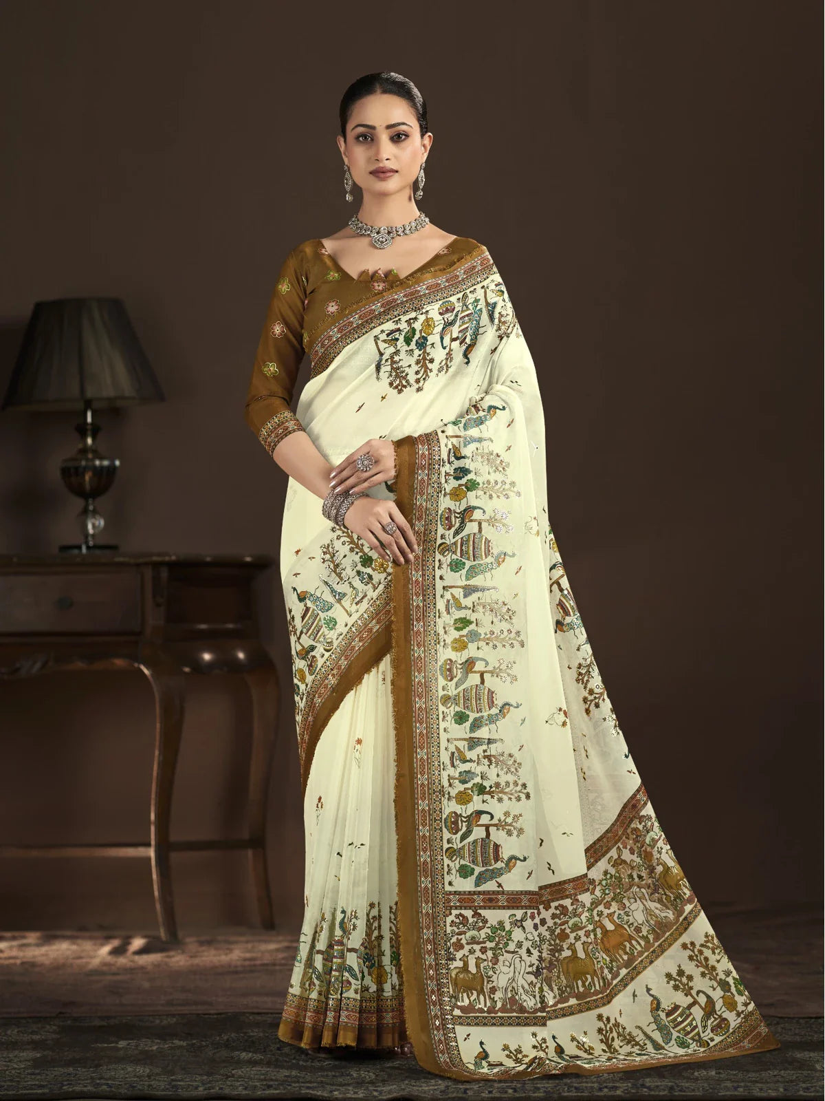 Tarani premium off white crepe silk saree with digital foil print and festive motifs front view