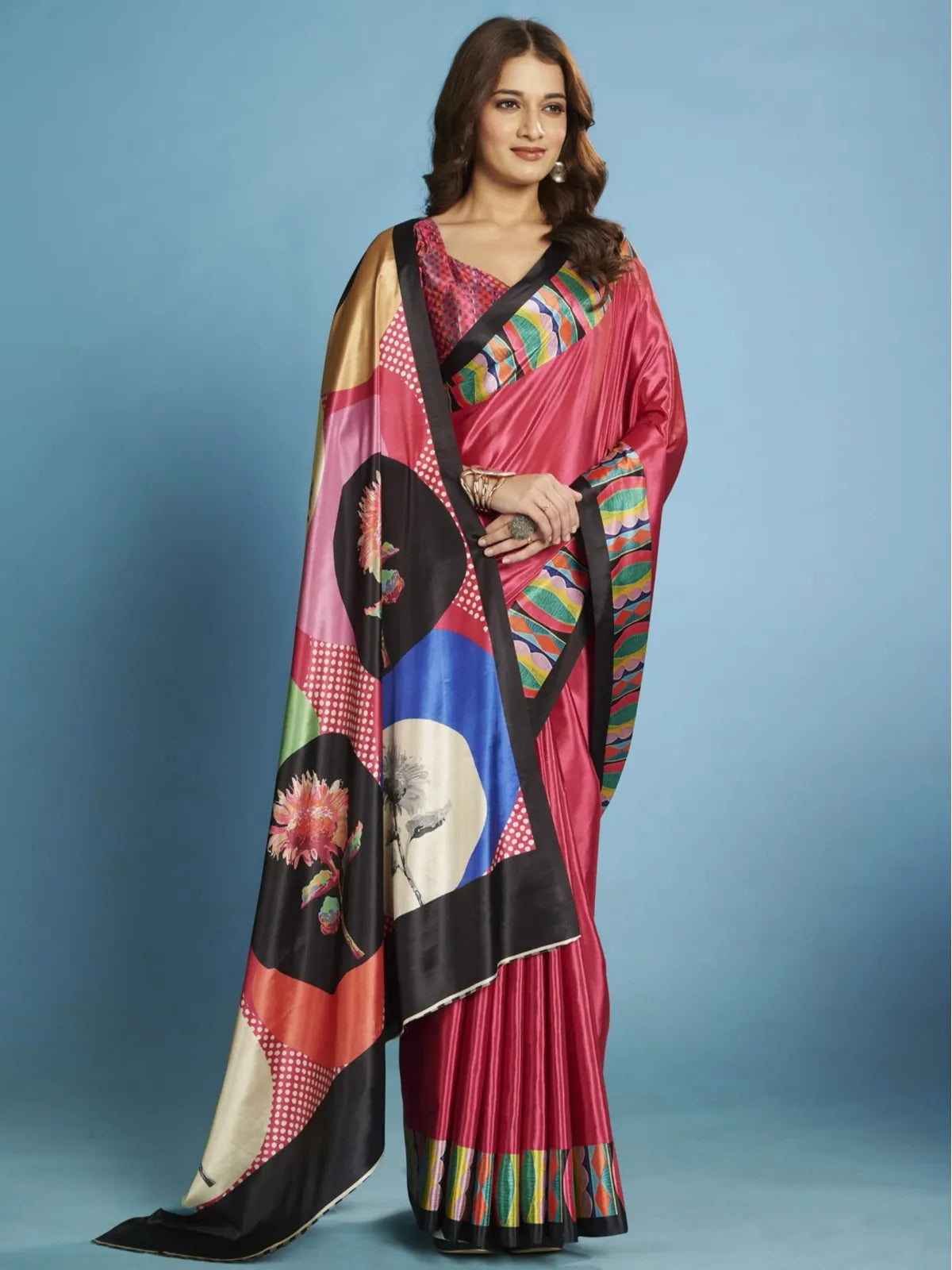 Tarani crepe silk pink saree with multicolor pallu and festive styling in full view