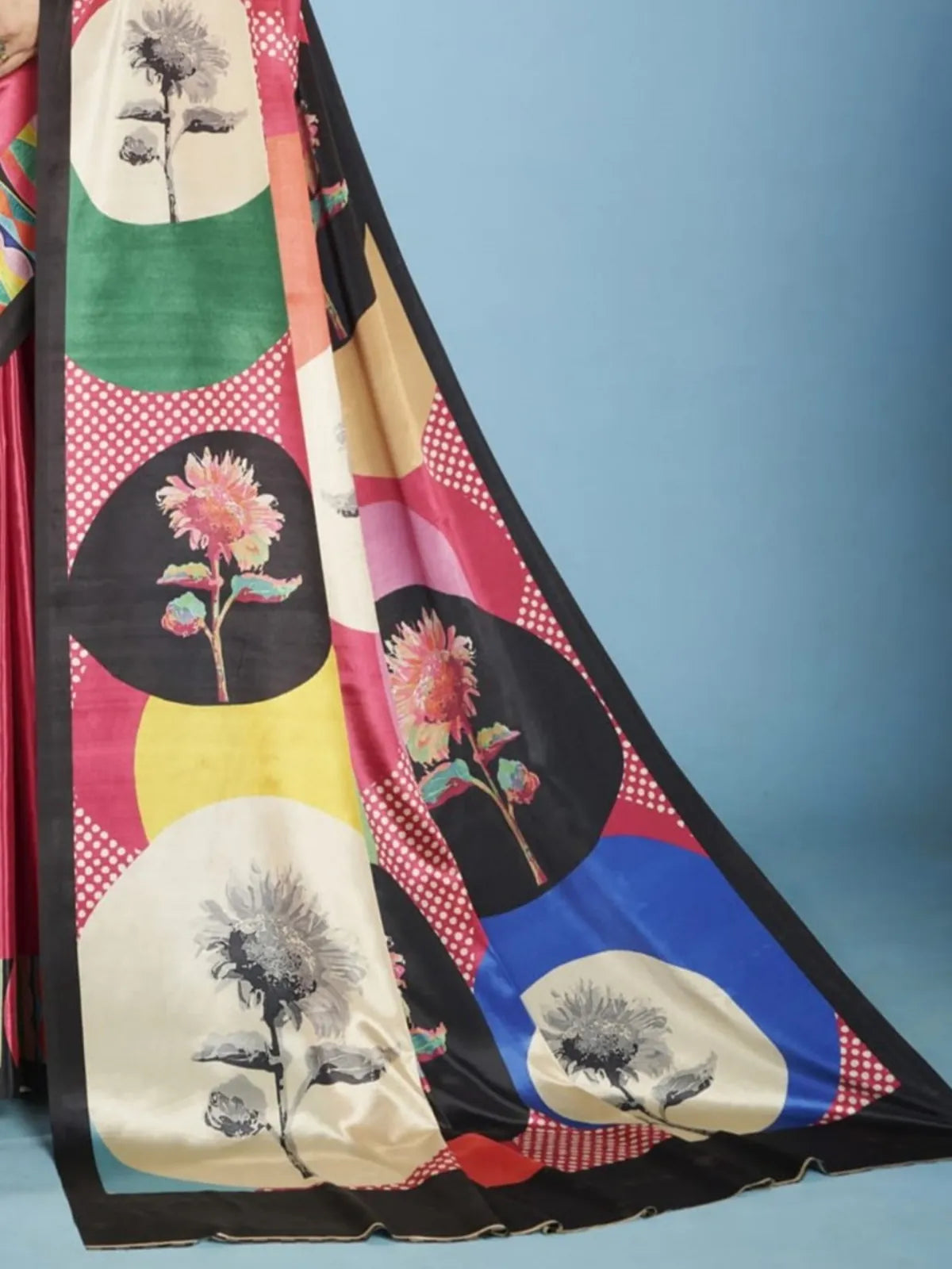 Tarani designer pallu with geometric panels and floral artwork in pink crepe silk saree