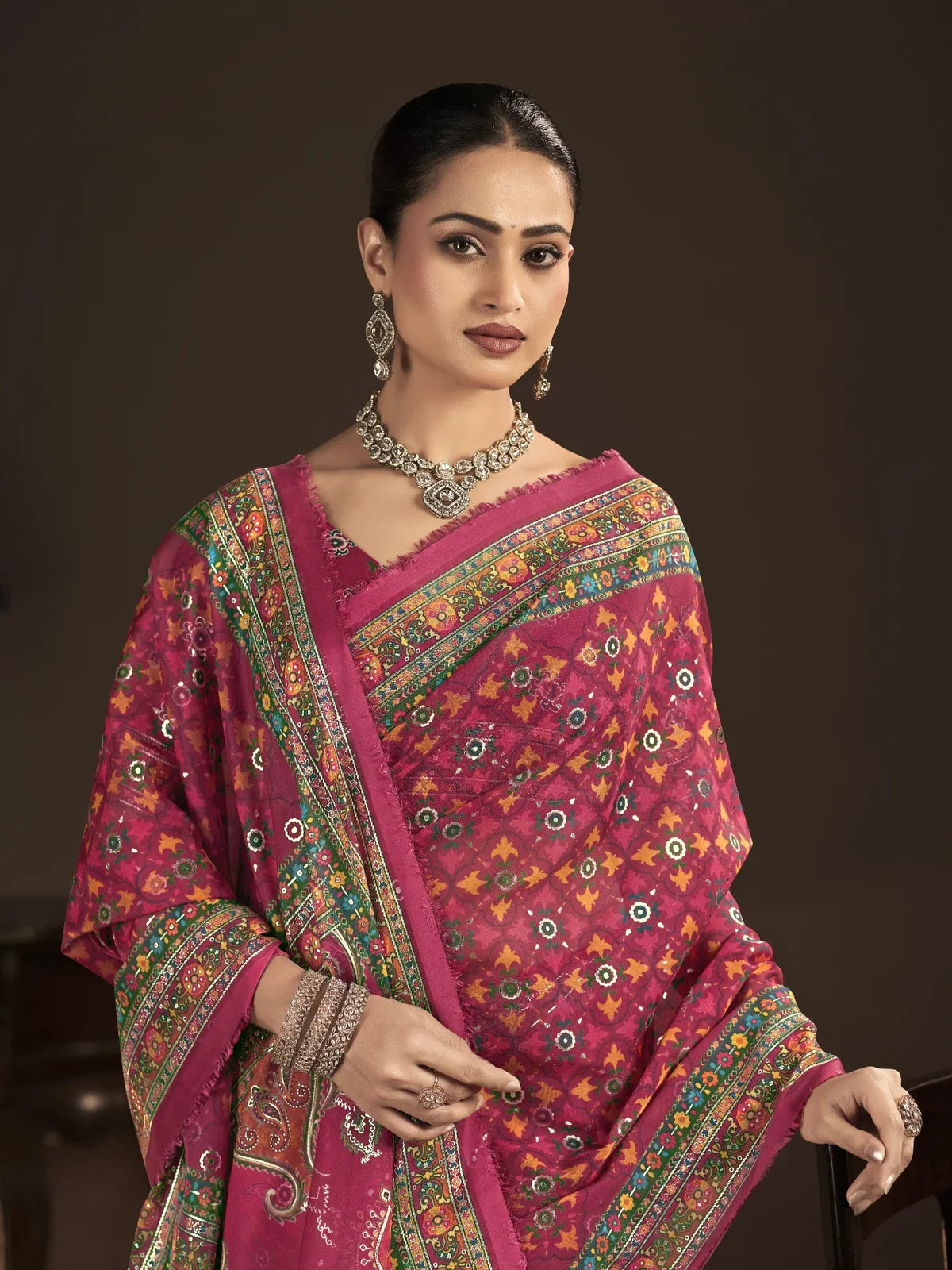 Tarani pink crepe silk saree upper body view with detailed blouse design