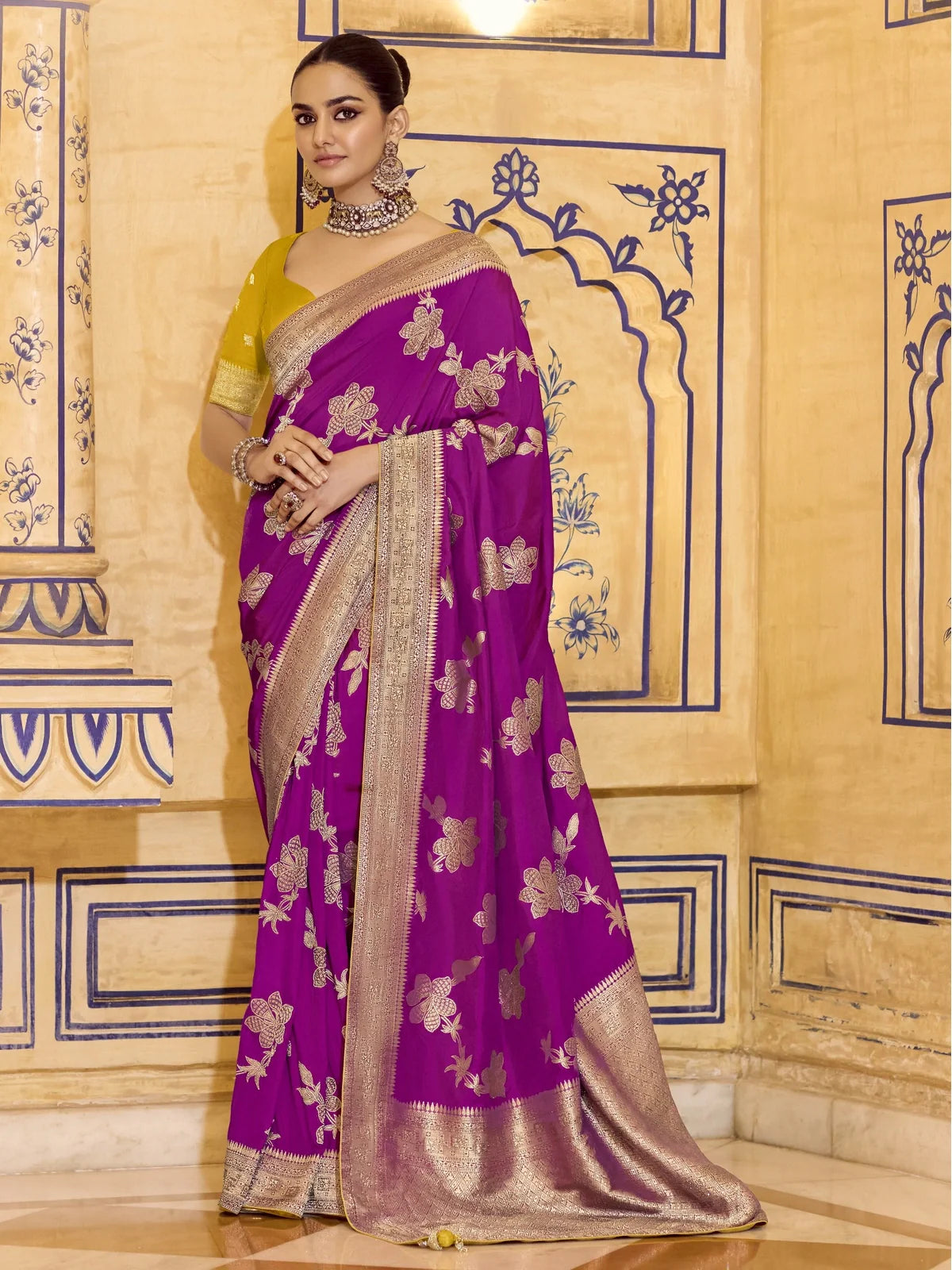 Tarani premium purple crepe silk saree full front view with zari weaving and golden border