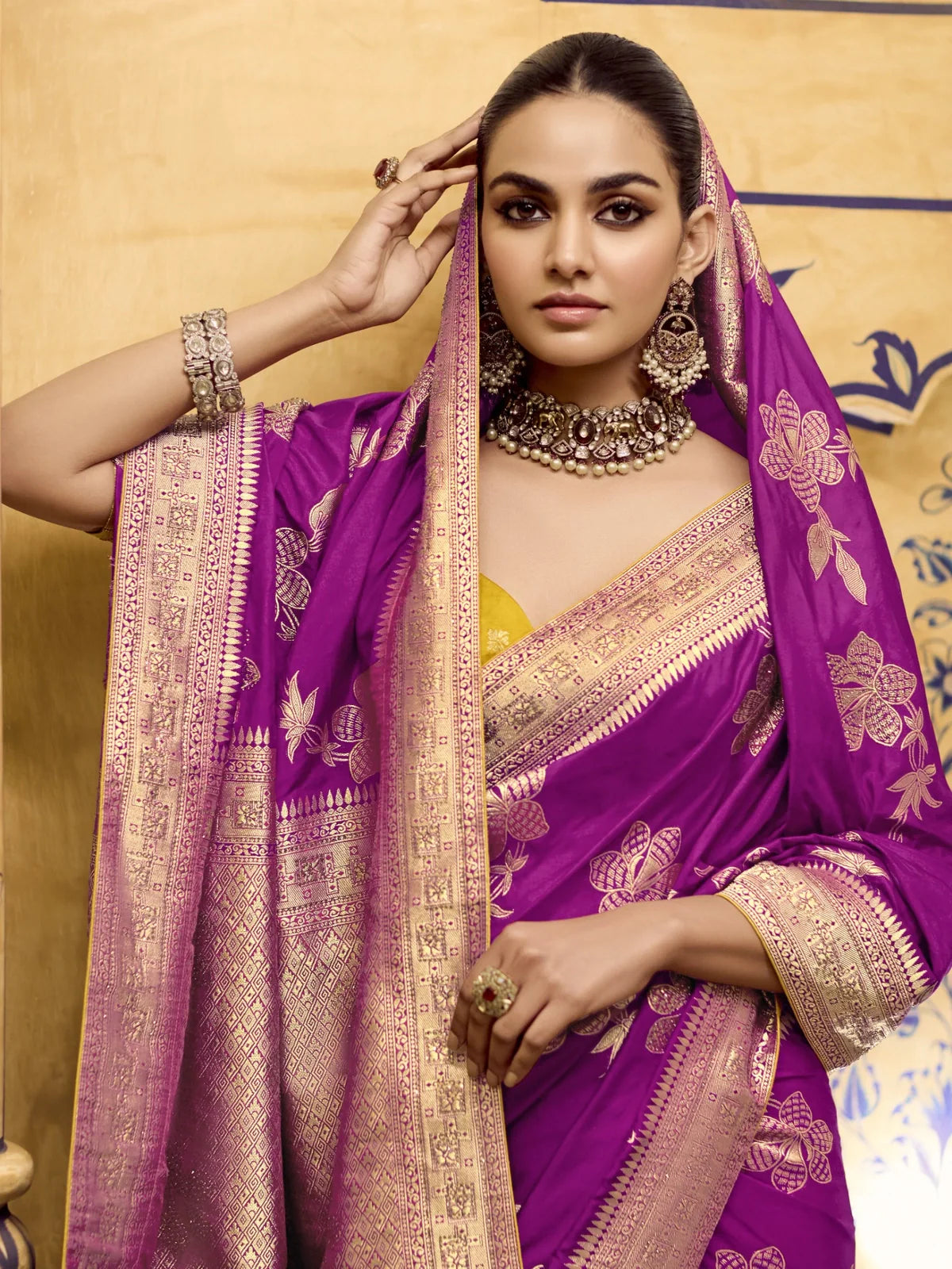 Tarani designer purple silk saree upper body view showing blouse and jewelry styling