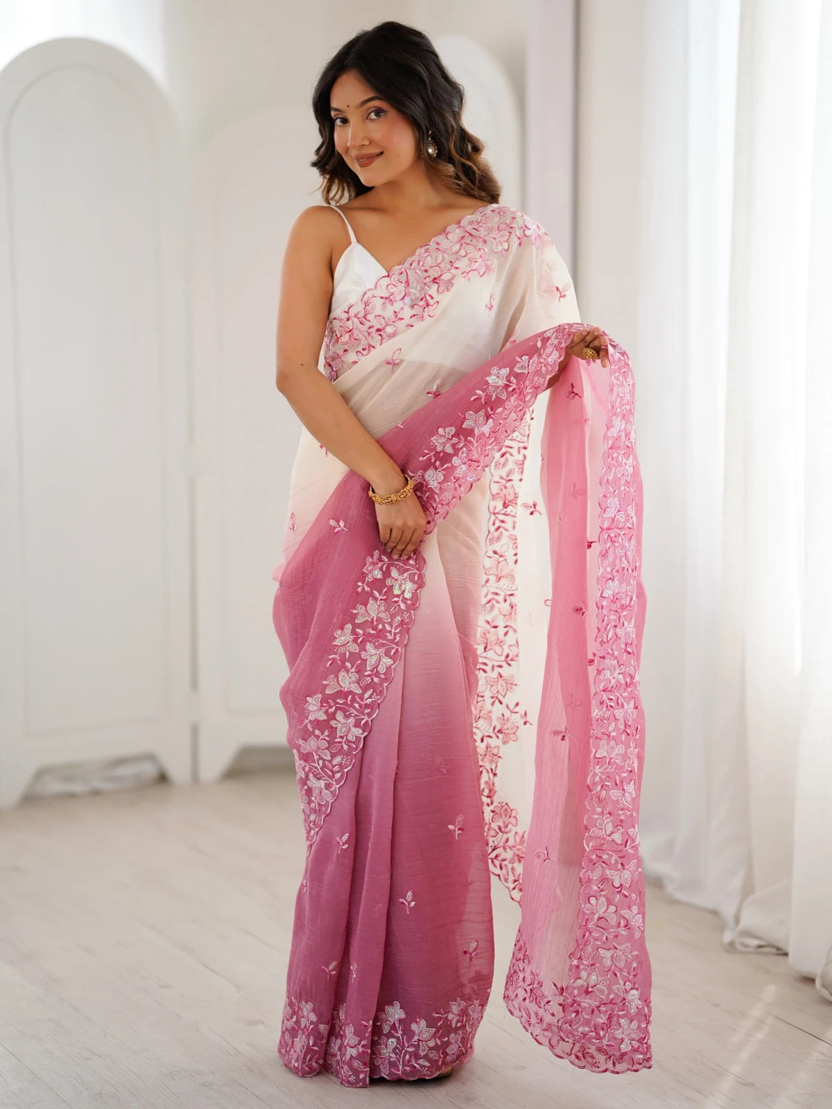 Tarani pink crunchy saree front view with embroidered border and satin silk blouse