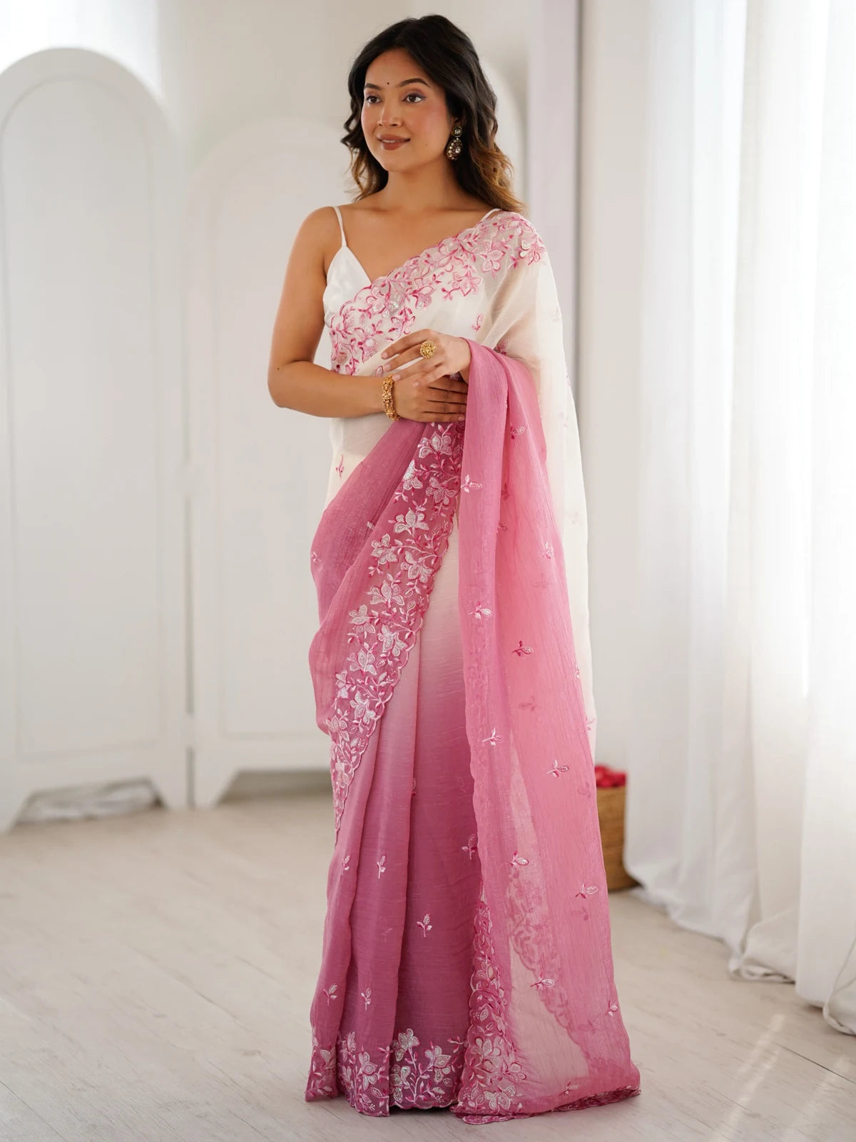 Tarani pink crunchy saree with sequence embroidery full view and satin silk blouse for party and wedding wear