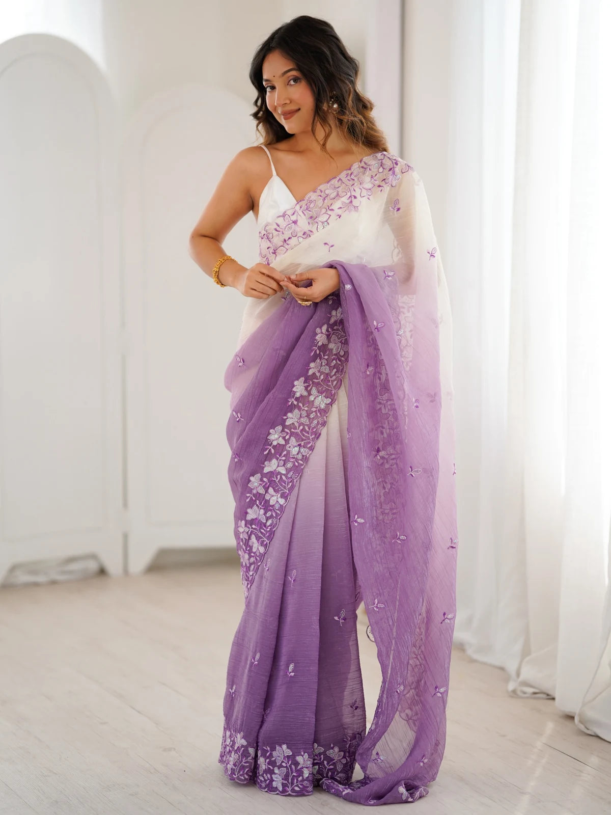Tarani Sonali purple crunchy saree full view with sequence embroidery and satin silk blouse for festive occasions
