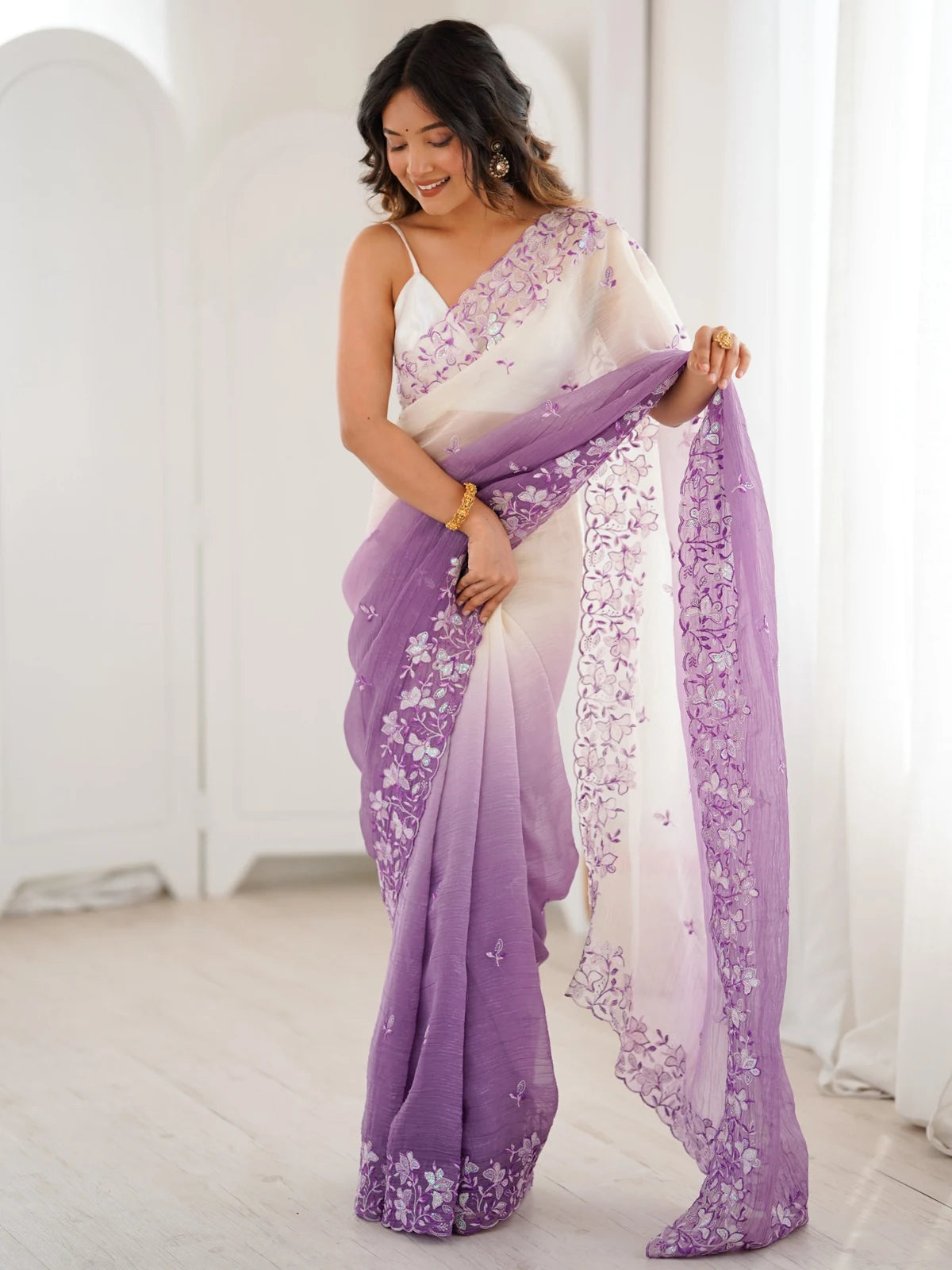 Tarani Sonali purple crunchy saree full front pose with sequence embroidery work and flowing pallu