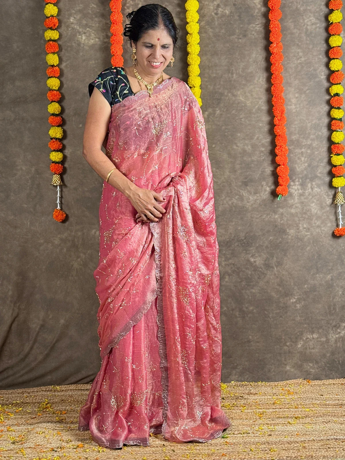 Tarani pink crystal silk saree full view showing elegant shimmer and festive design