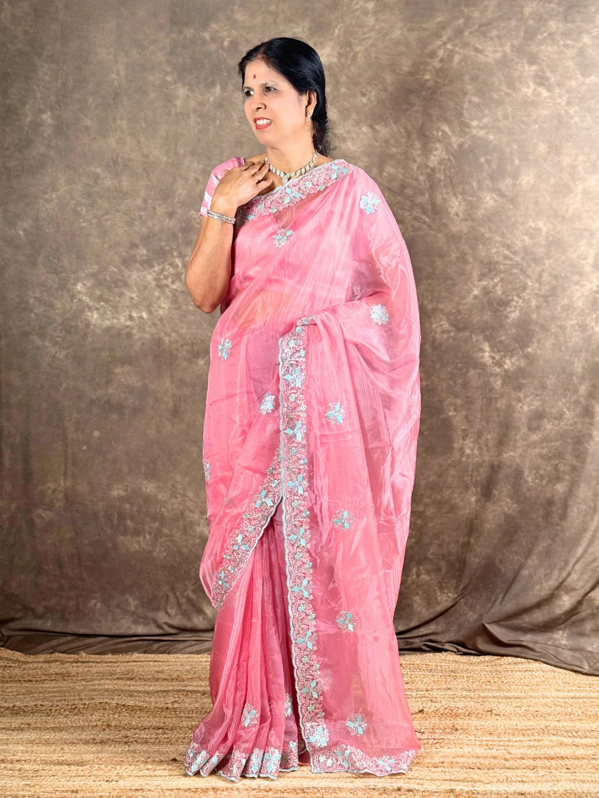 Tarani pink crystal silk saree full view with embroidery and sequin work for festive wear