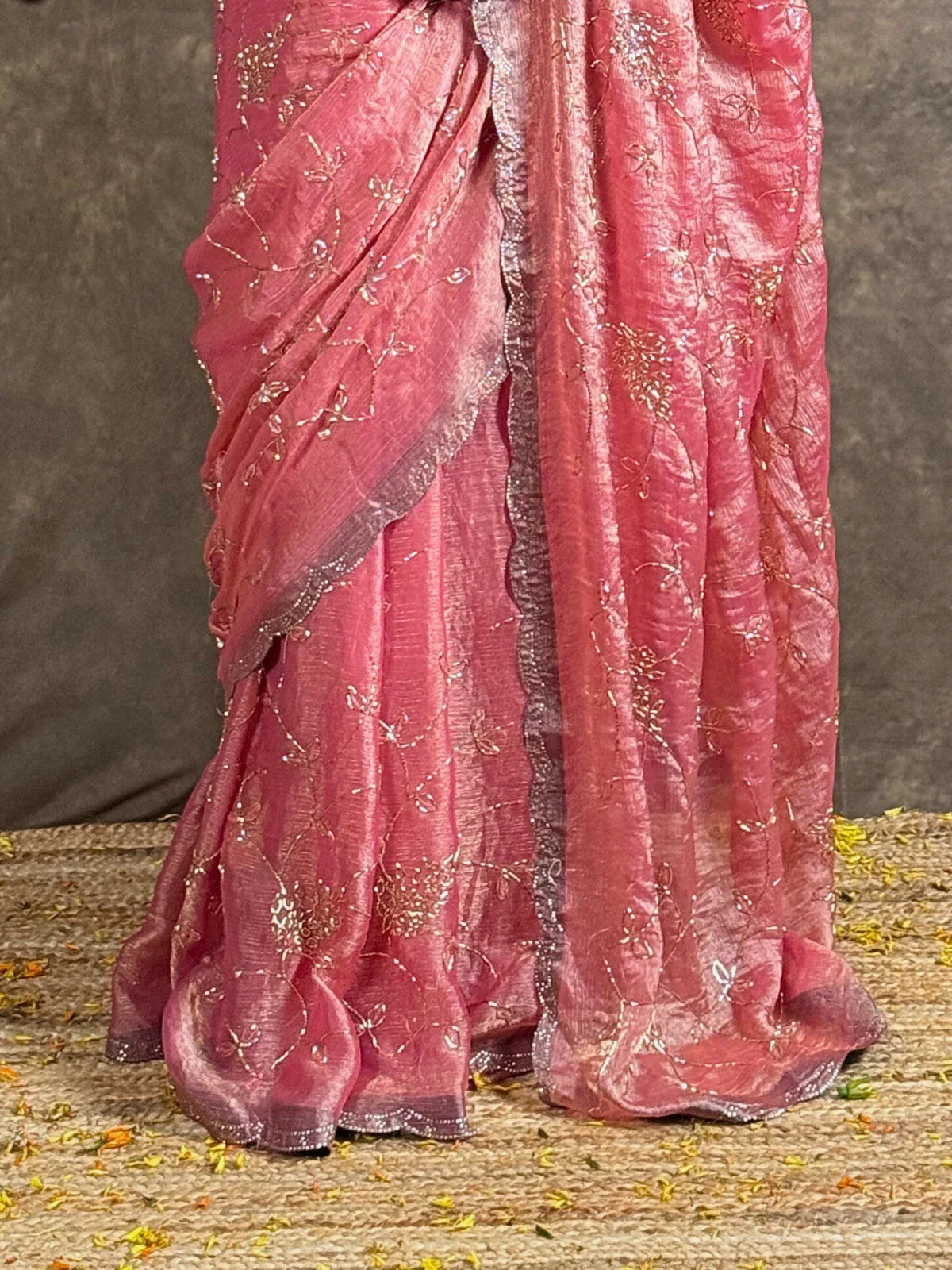 Tarani pink crystal silk saree pallu view showing delicate embroidery and flow