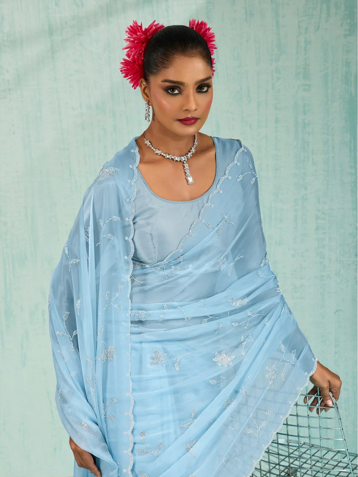 Tarani blue crystal viscose saree upper body view highlighting zarkan work and blouse details