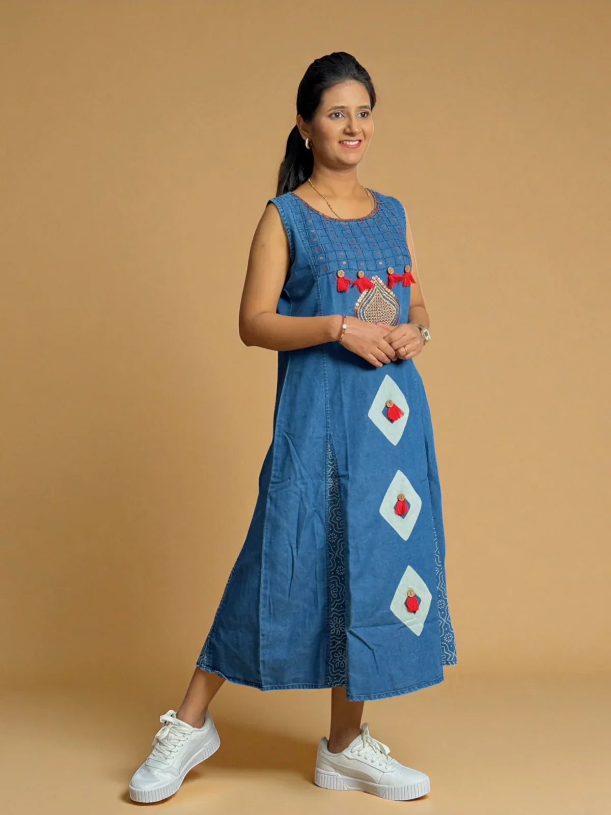Tarani blue denim midi dress front pose styling