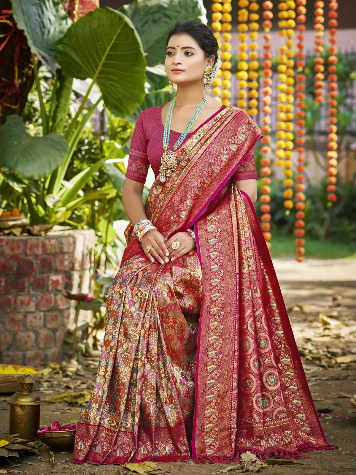 Tarani Dharmavaram pink festive saree full view with traditional motifs and elegant border