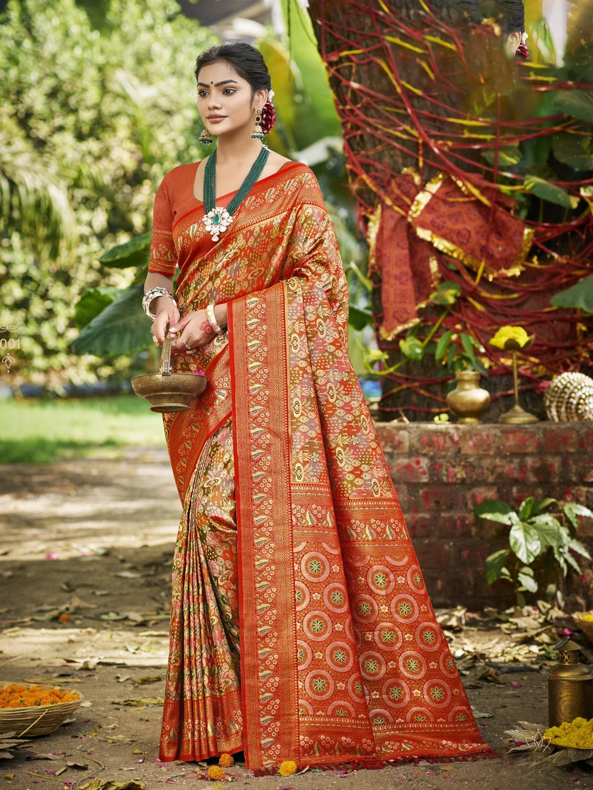 Tarani red Dharmavaram festive saree with intricate zari border full view