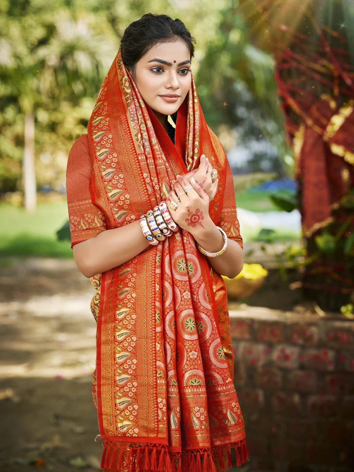 Tarani red Dharmavaram saree upper body view with traditional jewellery