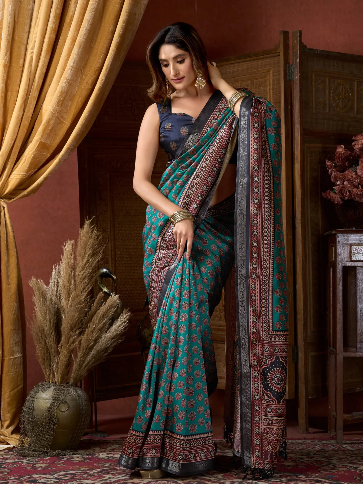 Tarani green digital saree with traditional ajrakh print and jacquard border in full view