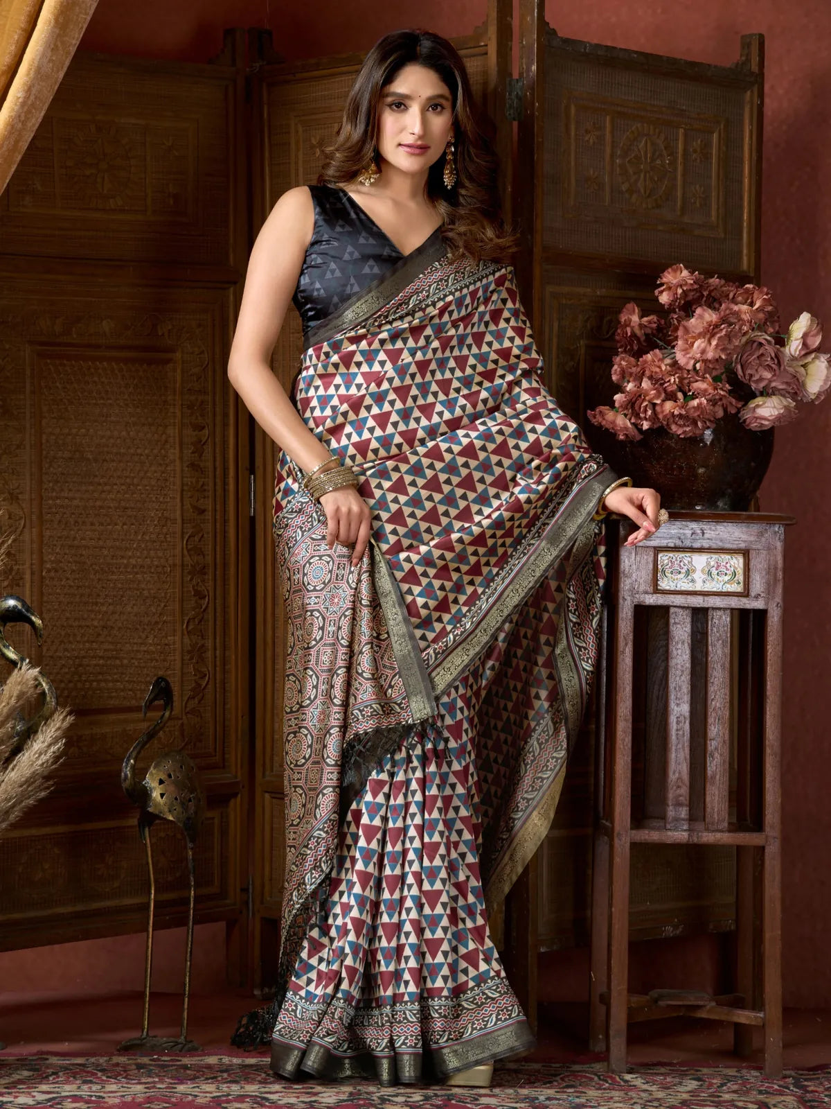Tarani maroon digital print saree with jacquard border and jhallar for festive and casual wear