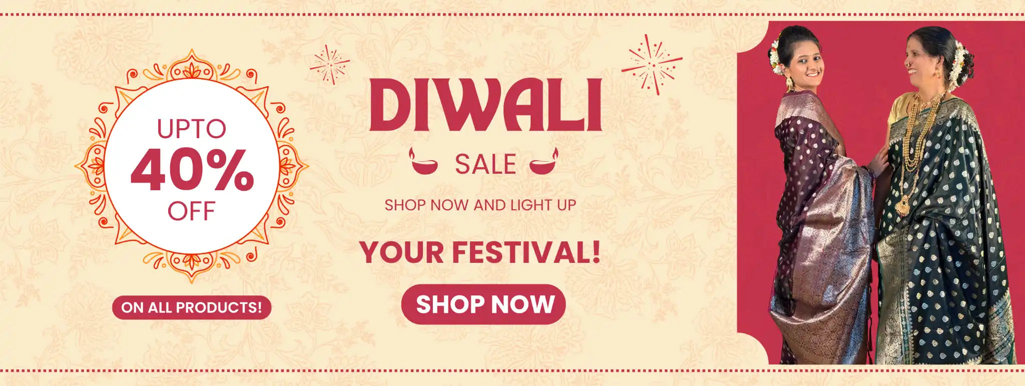 Tarani Diwali Sale Sarees banner highlighting festive silk sarees for women with up to 40 percent off