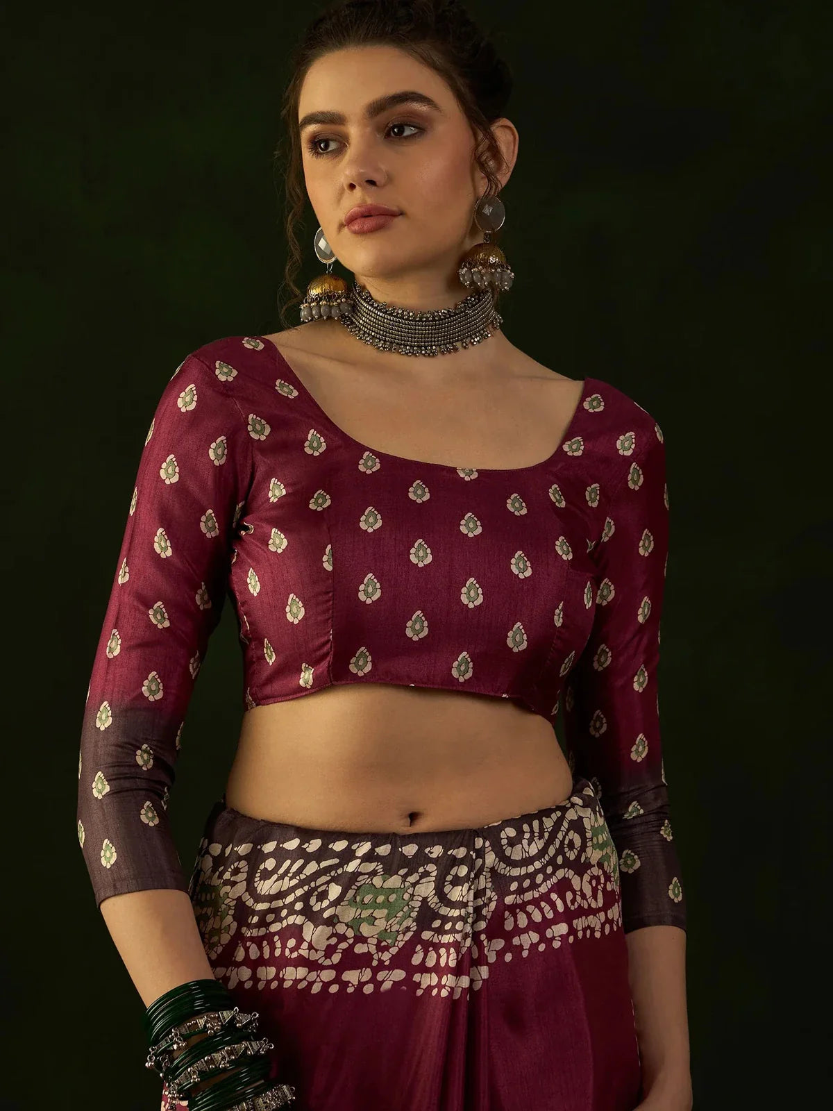 Tarani Dola silk blouse close-up view with elegant ethnic motifs and stylish neckline