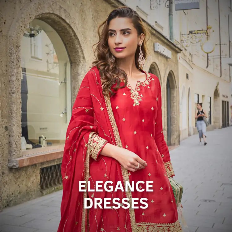Tarani Elegance Dresses Collection showcasing a red embroidered festive outfit in premium fabric with gold detailing.
