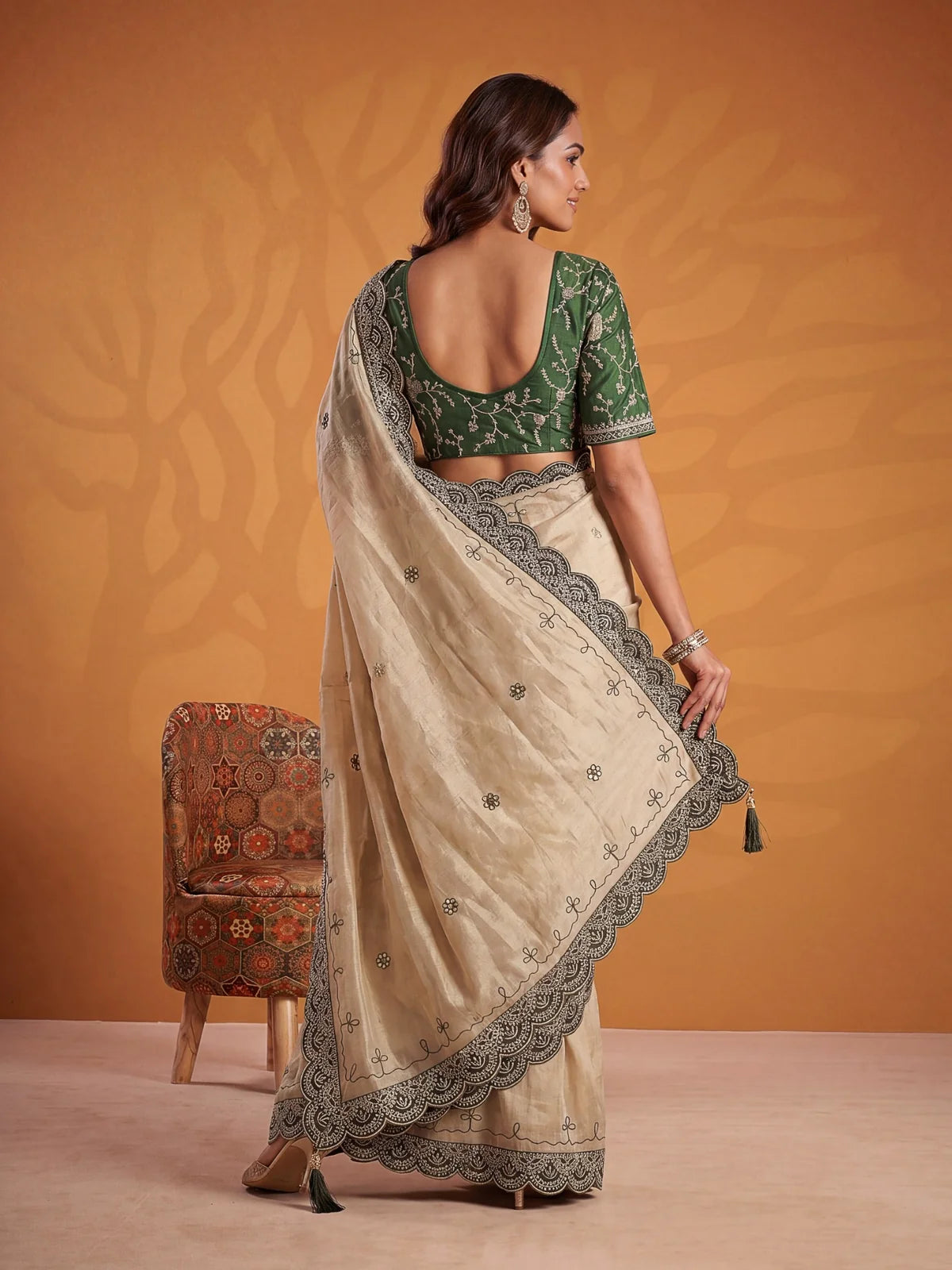 Tarani Jaswandi green blouse back design with Erodee silk saree and dori work embroidery