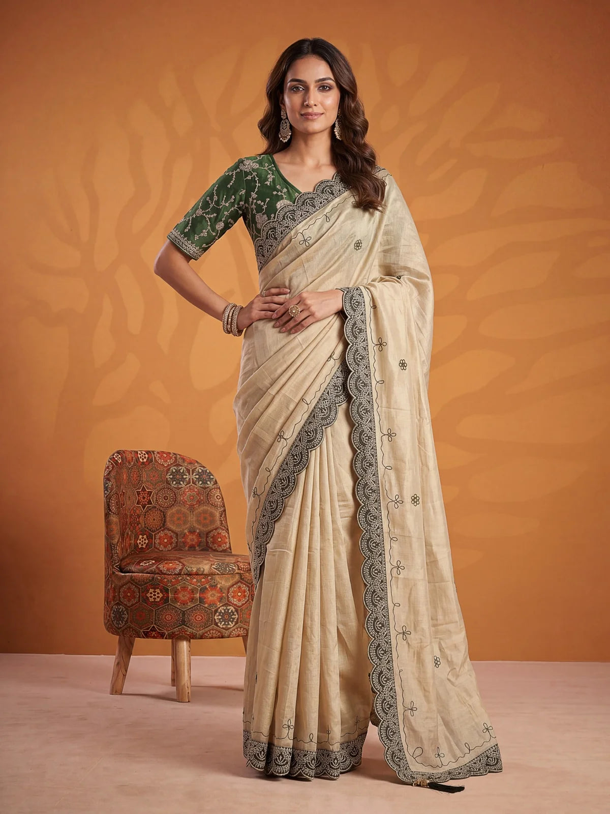 Tarani Jaswandi green Erodee silk saree with dori work and gotta pati border full front view