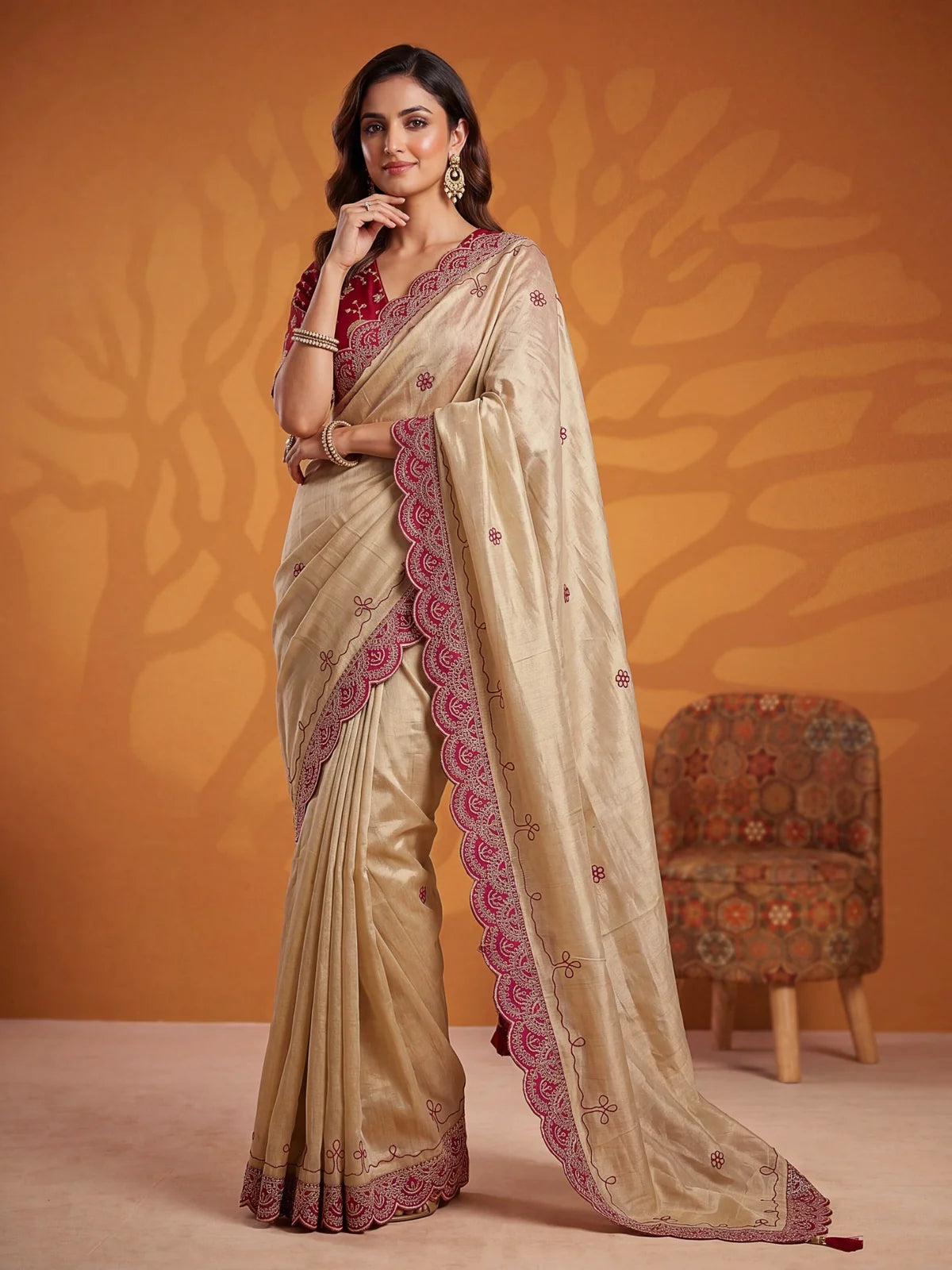 Tarani Darshana maroon designer Erodee Silk saree front view with elegant embroidered border detailing