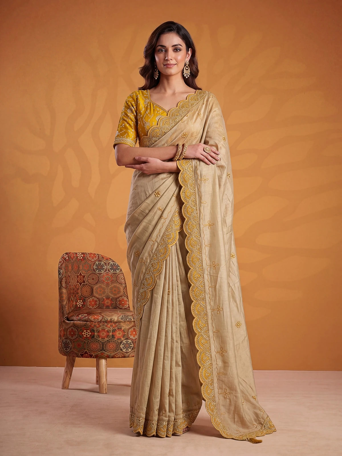 Tarani designer mustard Erodee silk saree full view with elegant festive and party wear drape