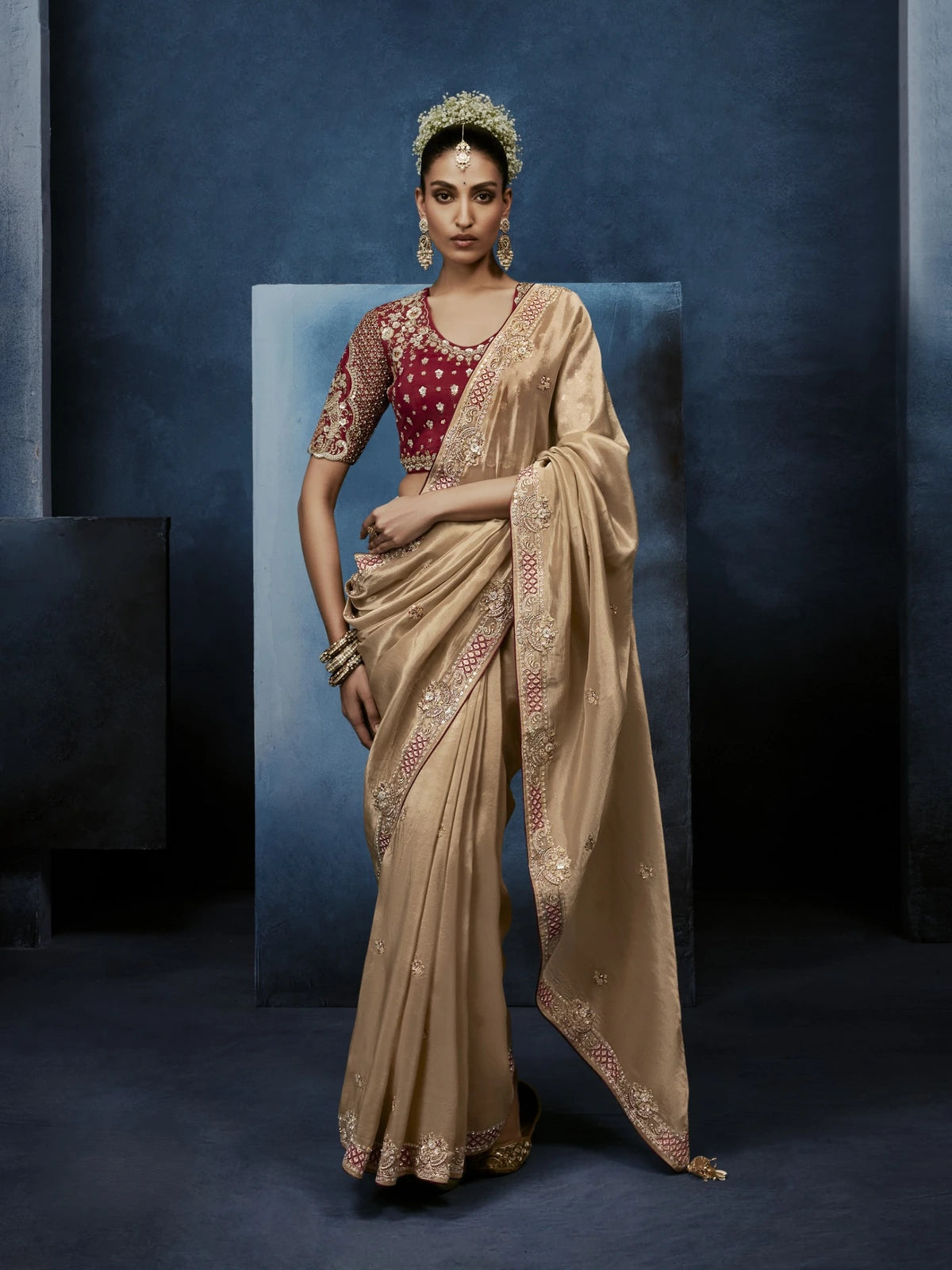 Tarani beige fancy saree full view with embroidered border and heavy maroon blouse for wedding wear