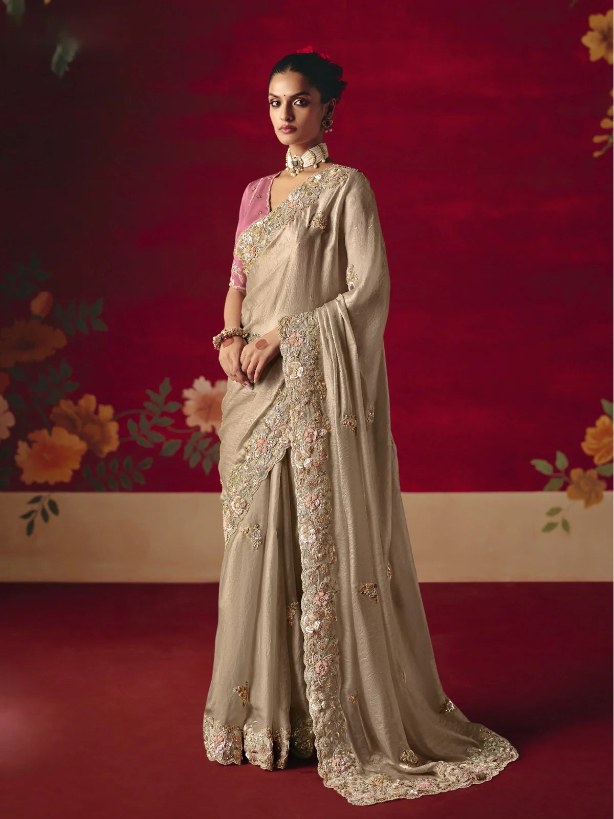 Tarani fancy beige party wear saree with sequin border and embroidered pink blouse front full view