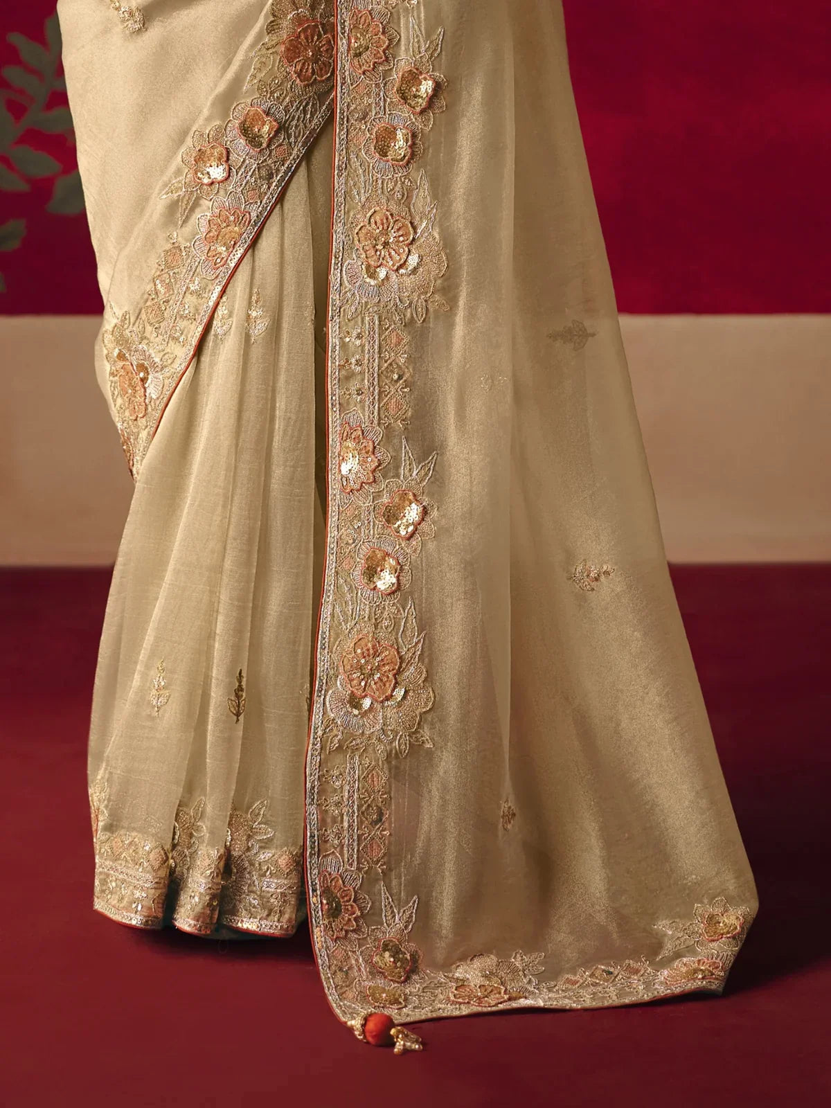 Tarani fancy saree beige color pallu and sequin border detailing
