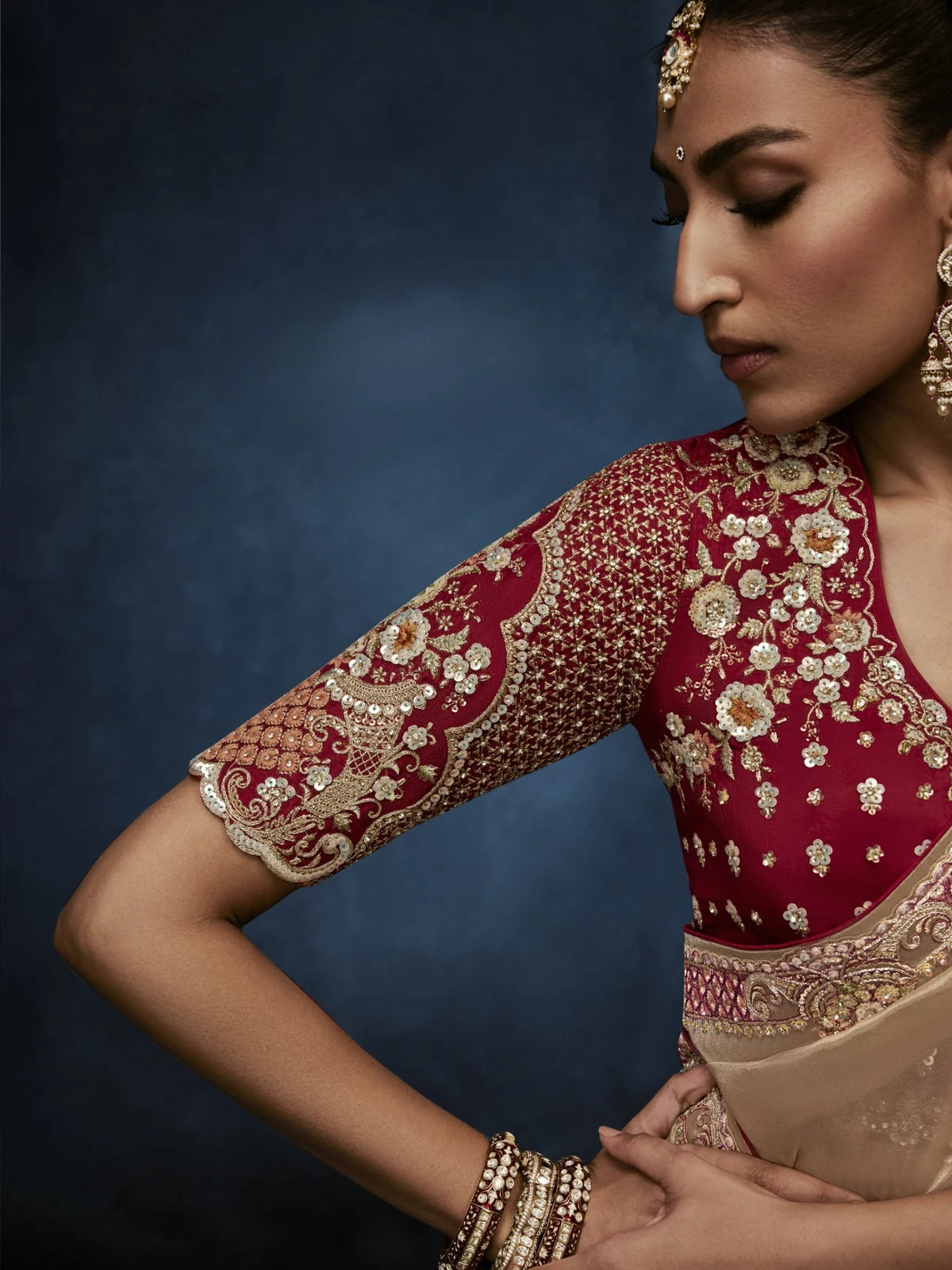 Tarani beige fancy saree upper body view with intricate maroon embroidered blouse detailing