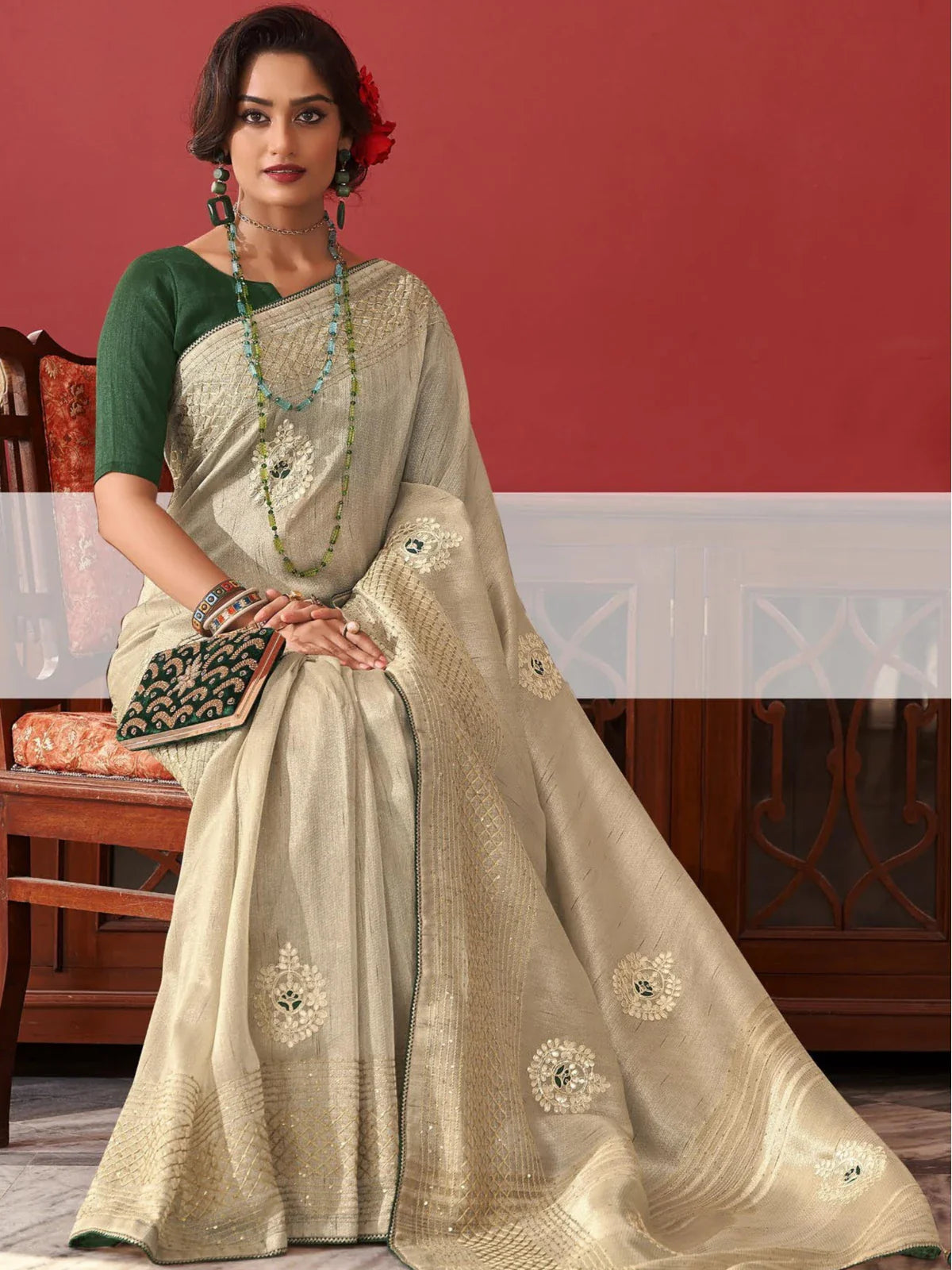 Tarani beige fancy festive saree with green blouse and embroidery work for women