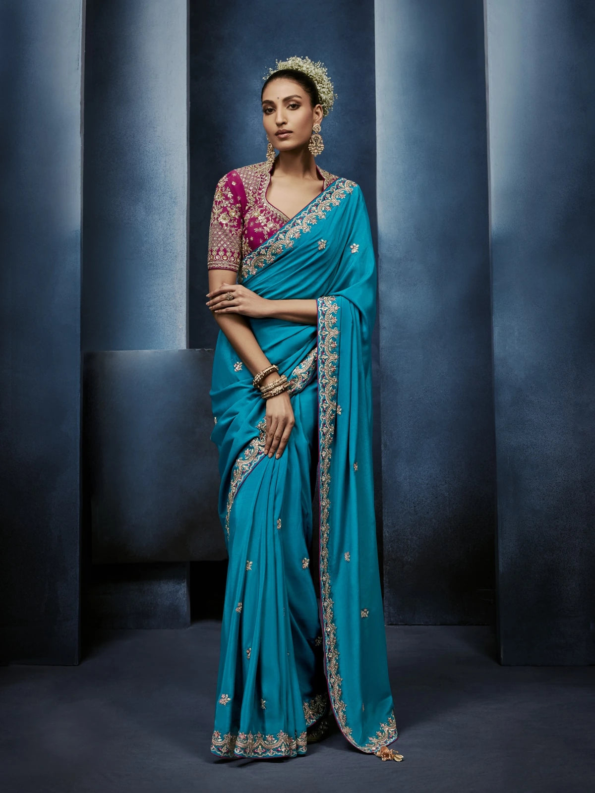 Tarani blue fancy saree full view with embroidered blouse for wedding and festive wear