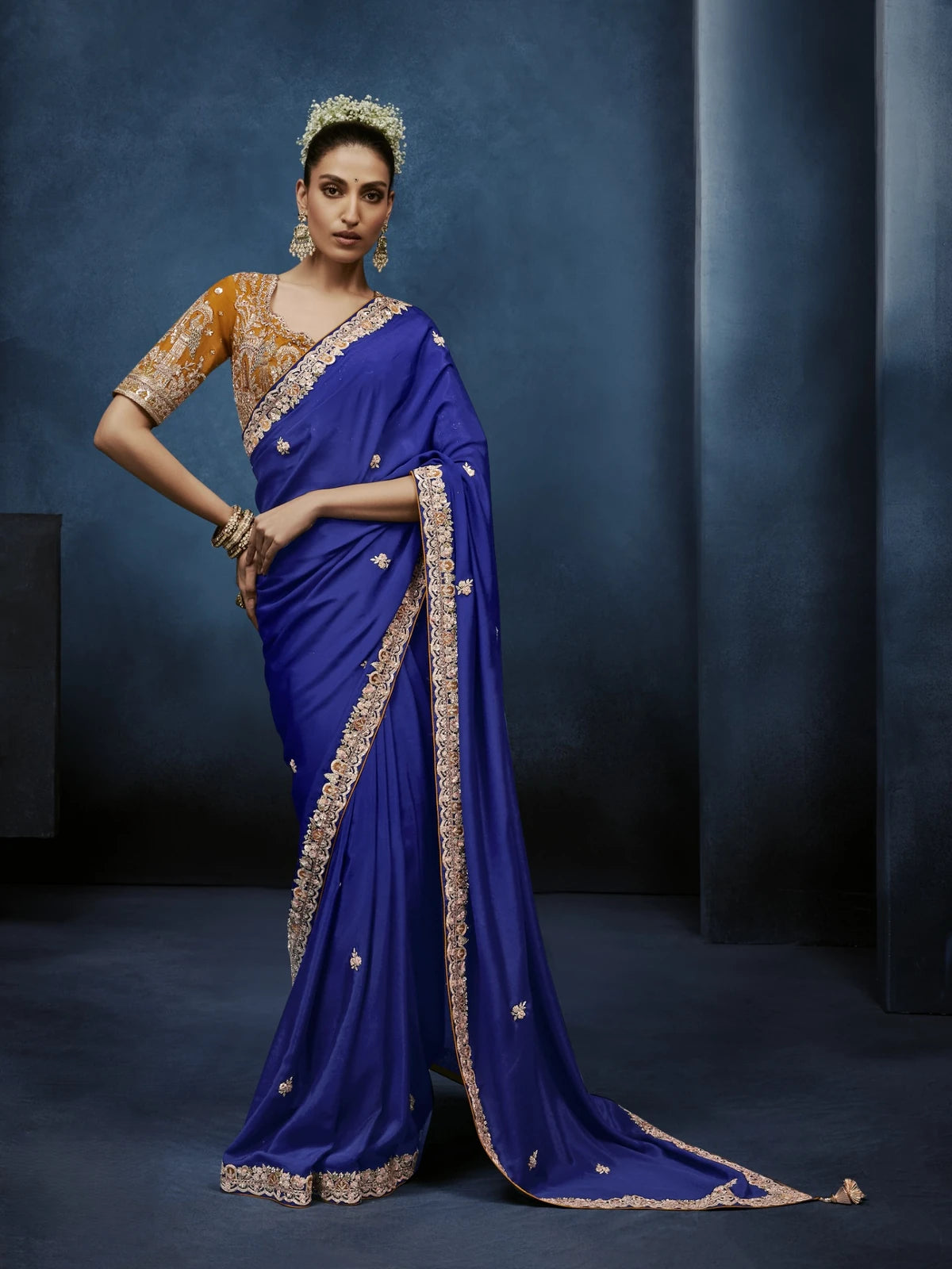 Tarani royal blue fancy saree full view with embroidered border and heavy designer blouse for weddings