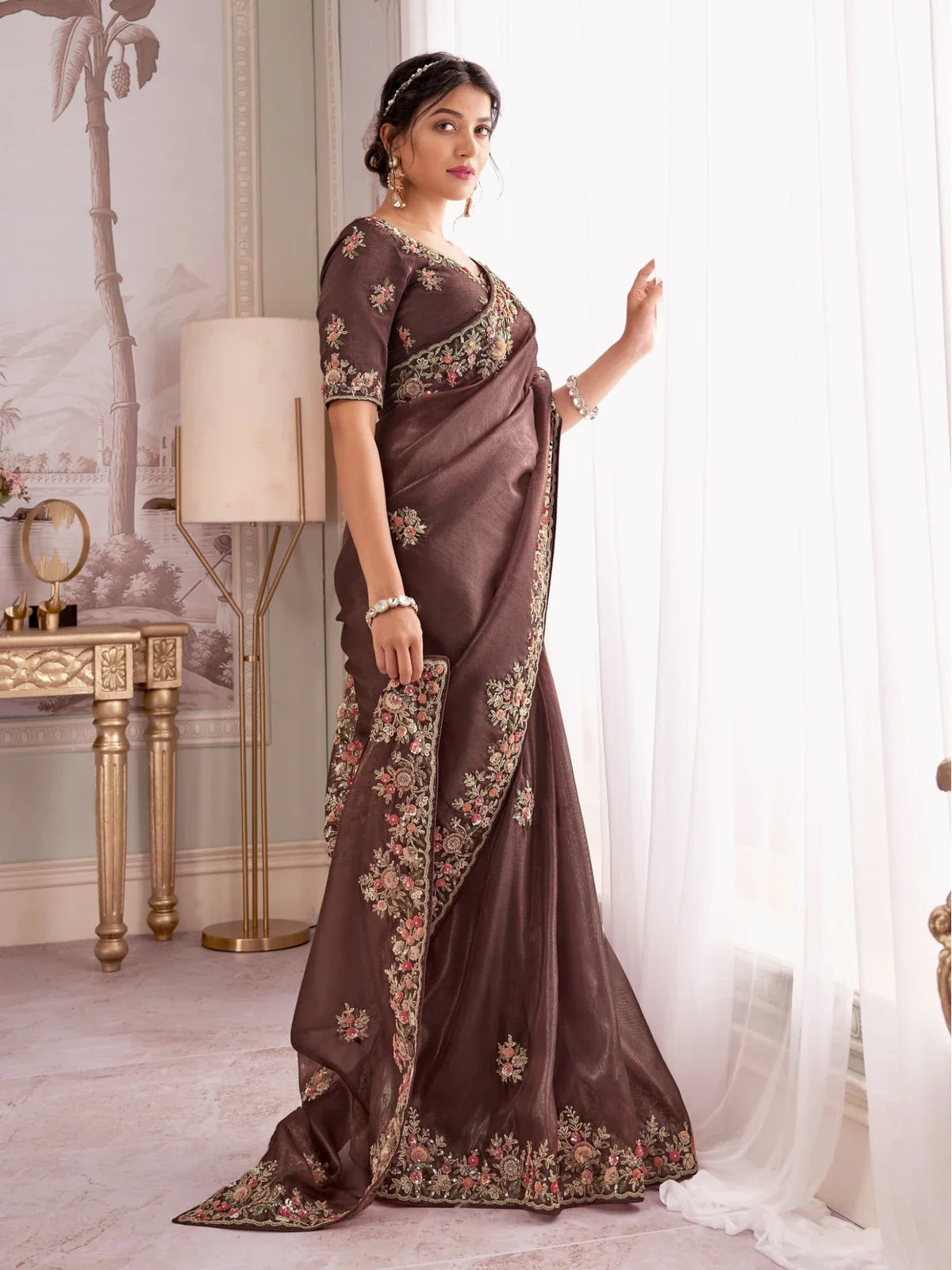 Tarani premium brown fancy saree with intricate embroidery full view