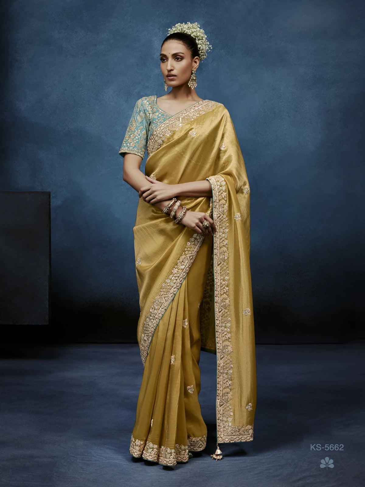 Tarani golden fancy saree full view with embroidered border and designer blouse for wedding wear