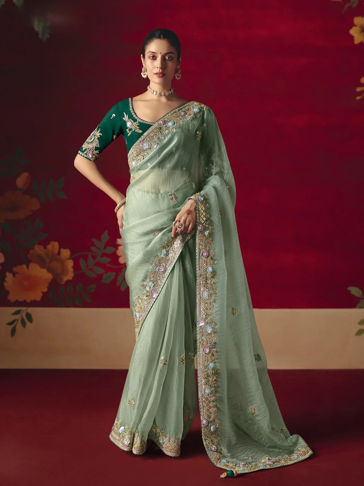 Tarani green fancy silk saree full view with embroidered blouse for festive occasions