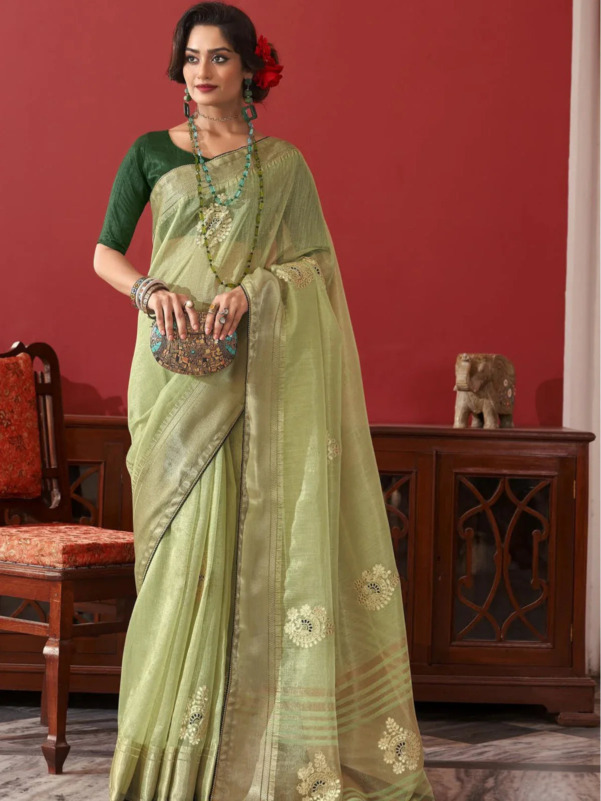 Tarani elegant green fancy saree full view with embroidery and matching blouse