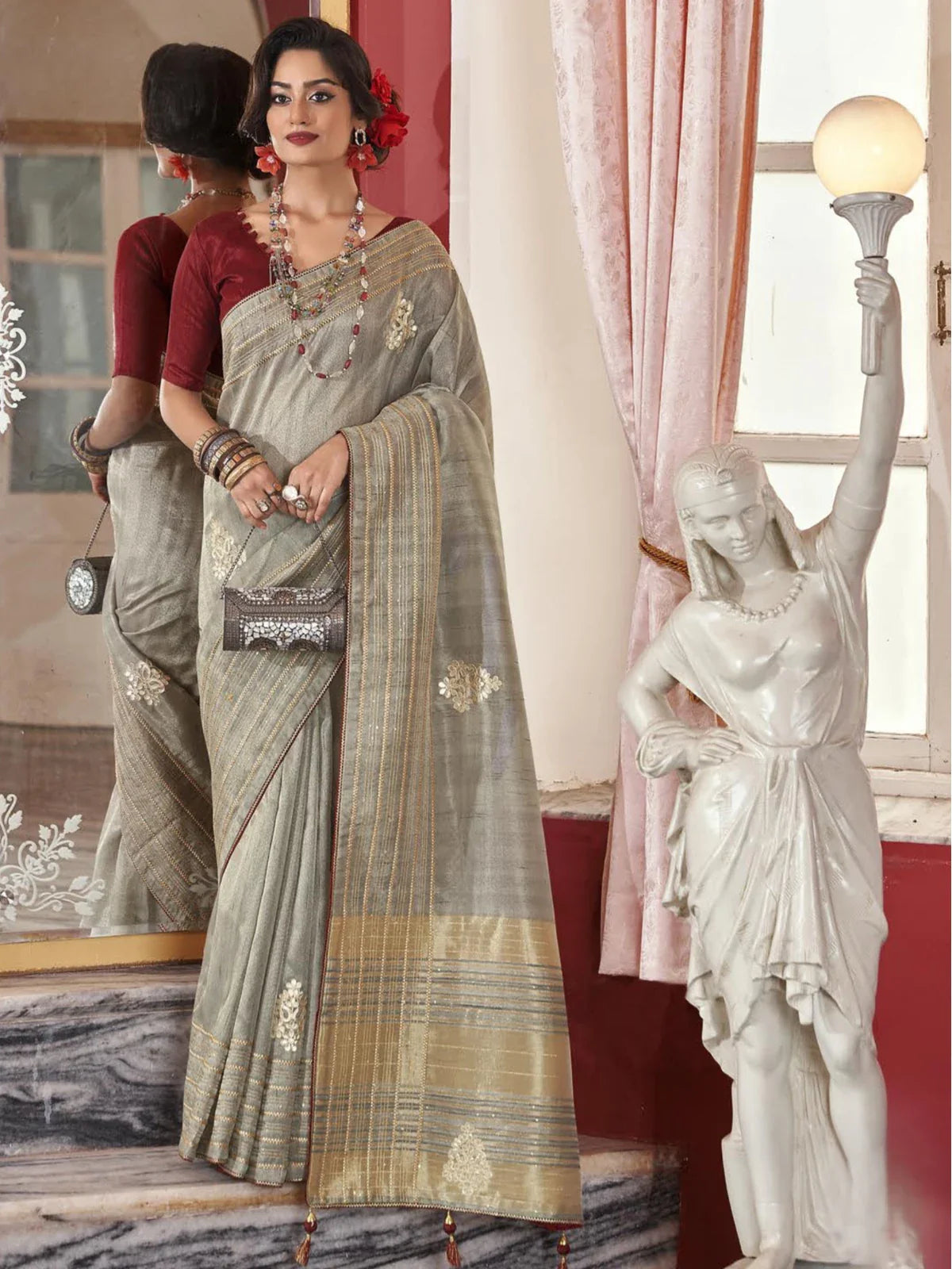 Tarani elegant grey fancy festive saree with golden border full view